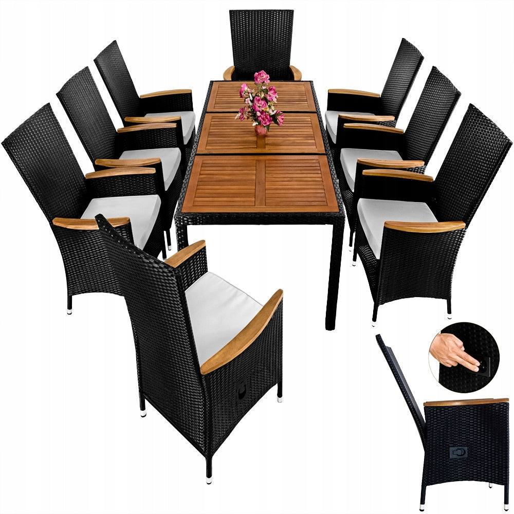 Garden furniture set rattan table wood acacia 8x chair cushion Color black