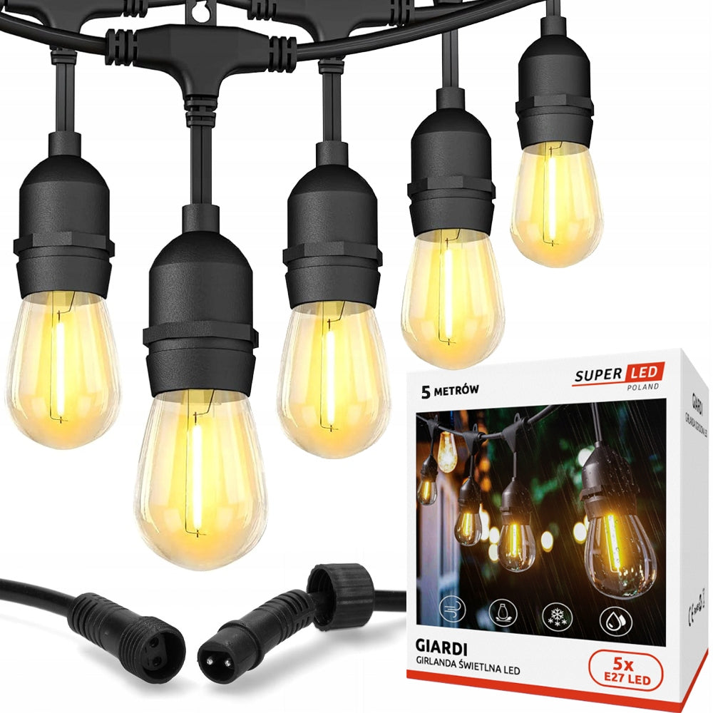 Garden garland LED light 5m + 5x LED bulb E27 waterproof
