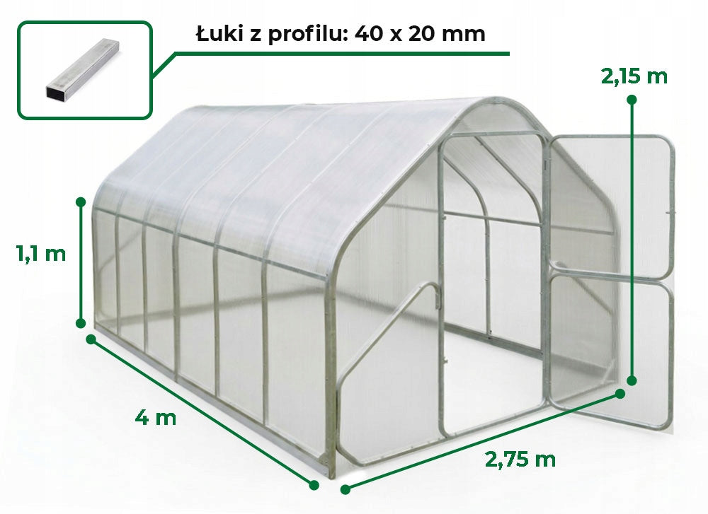 Garden greenhouse 2,75x4m POLYCARBONATE 4mm Profile 40x20mm GALVANIZED Cottage Width 2.75 m
