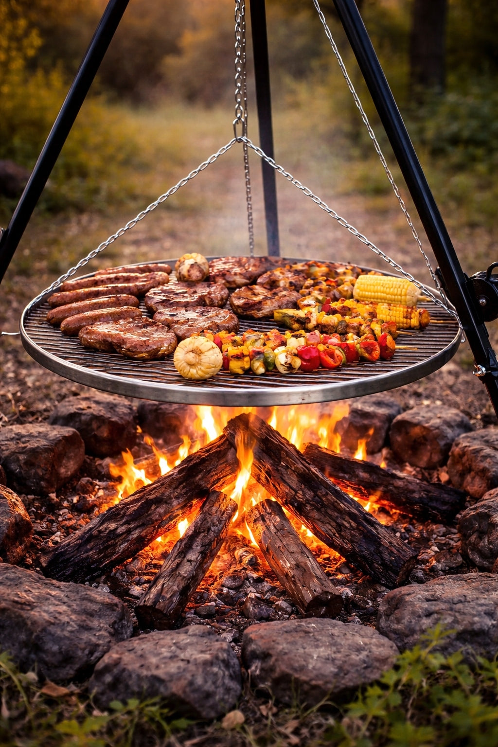 Garden grill tripod with grate | stainless steel 70 cm | adjustable Grill width 70 cm