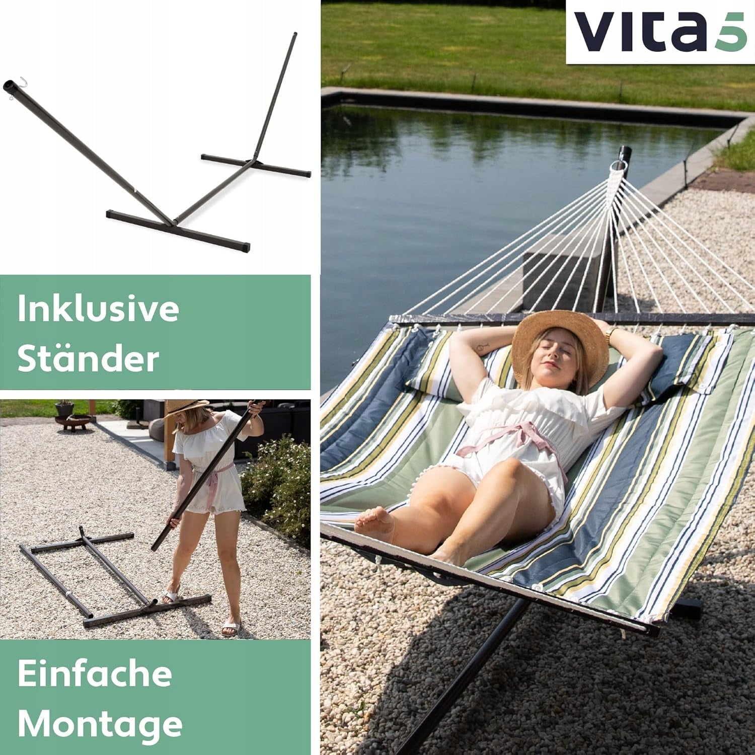 Garden hammock VITA5 with 2-person frame 200 kg 190x140 cm Model BlauwGroen