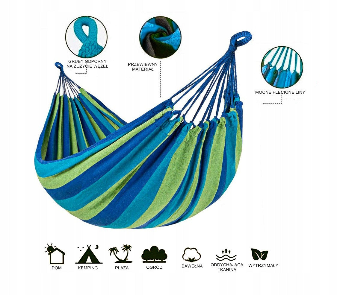 Garden hammock with a wooden frame for two people, blue hammock frame Model Hamak na drewnianym stelażu