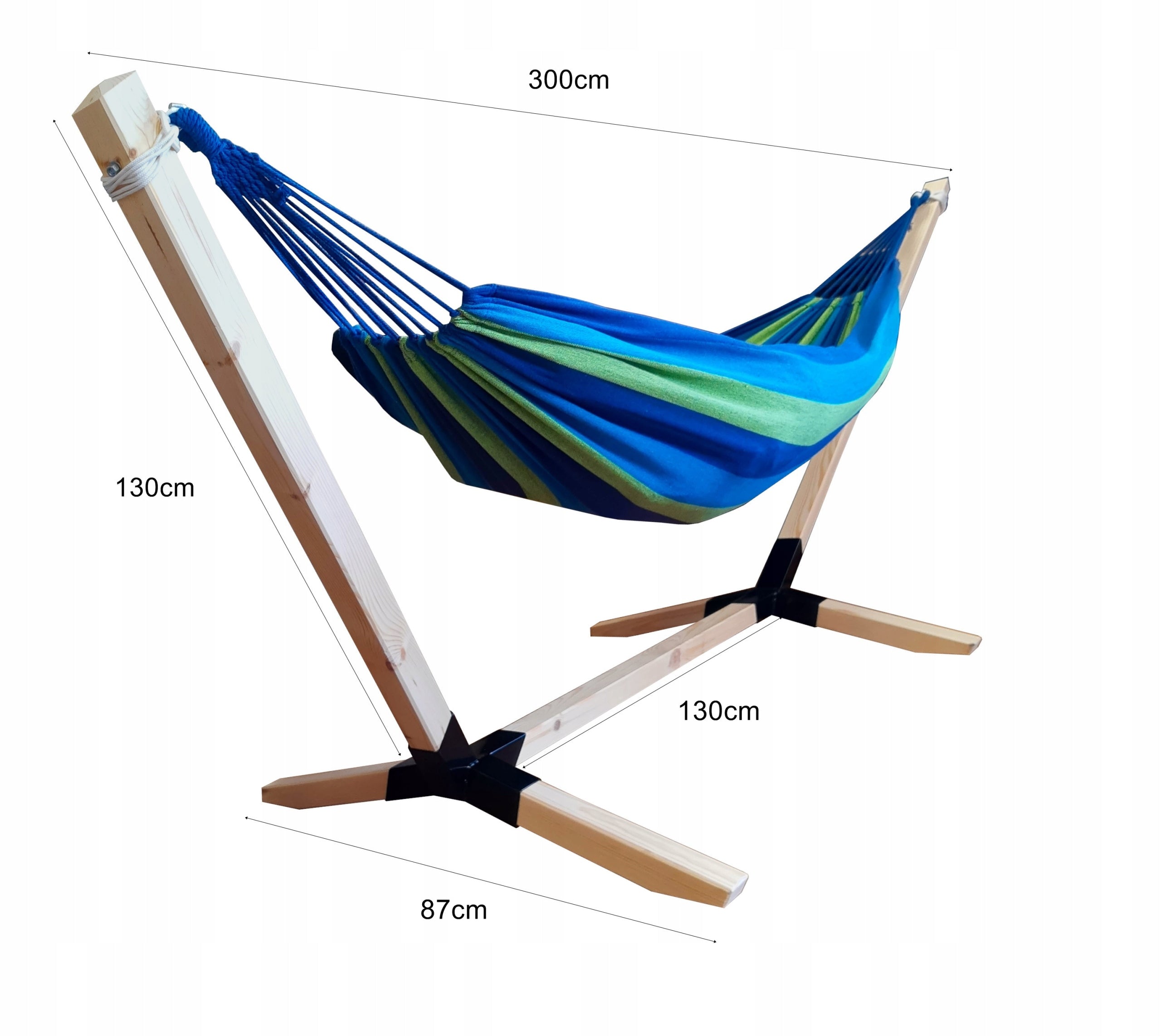 Garden hammock with a wooden frame for two people, blue hammock frame Total length 300 cm