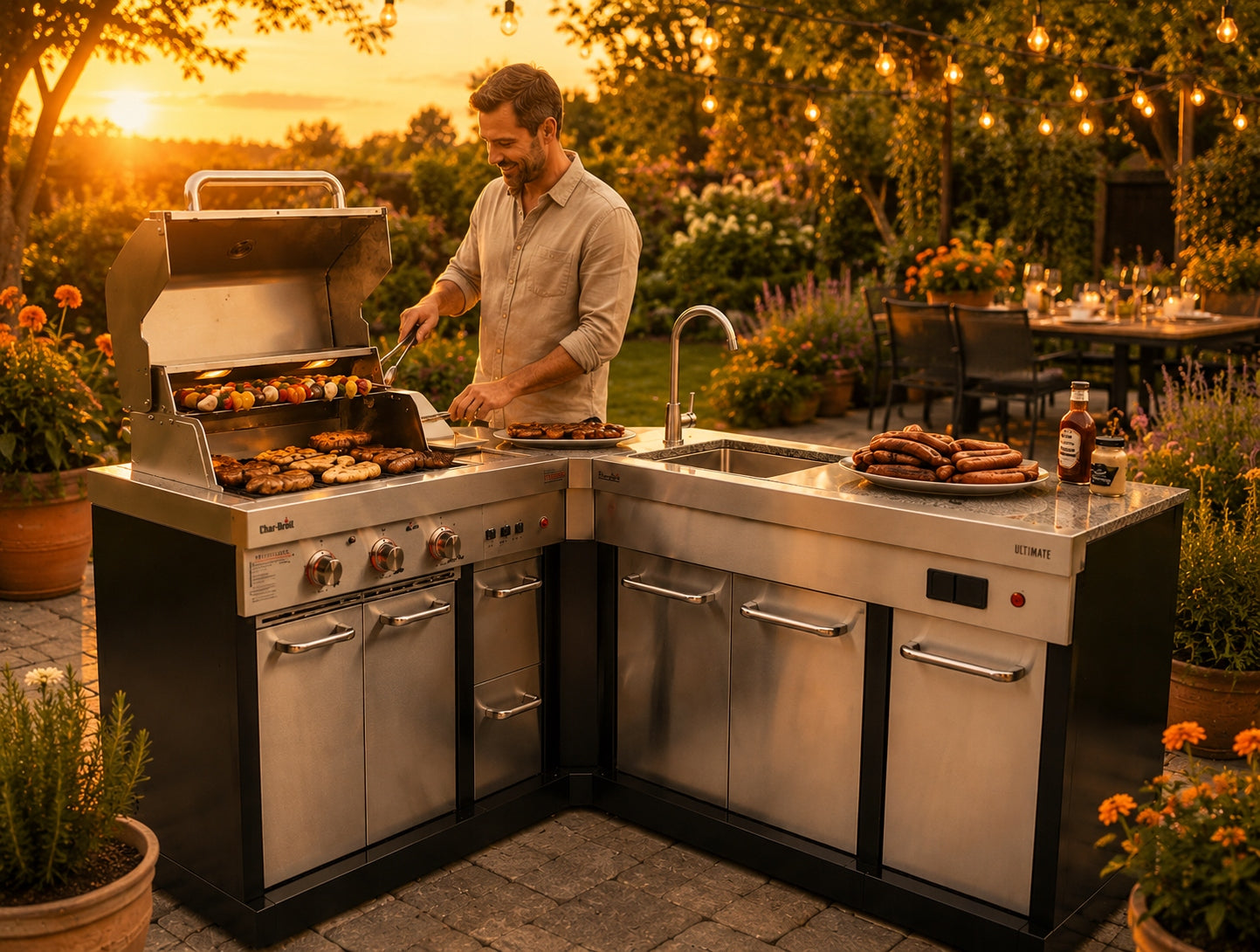 Garden kitchen corner grill Char-Broil stone countertop sink 6.6kW steel Grill width 100.3 cm