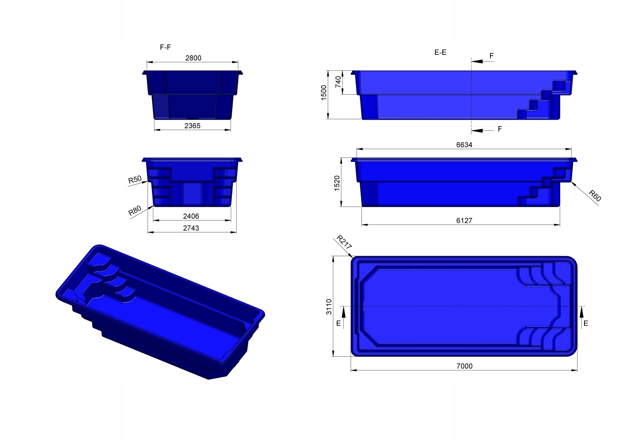 Garden pool dug in 7,00x3,10x1,50 set MANUFACTURER, PROMOTION Height 150 cm
