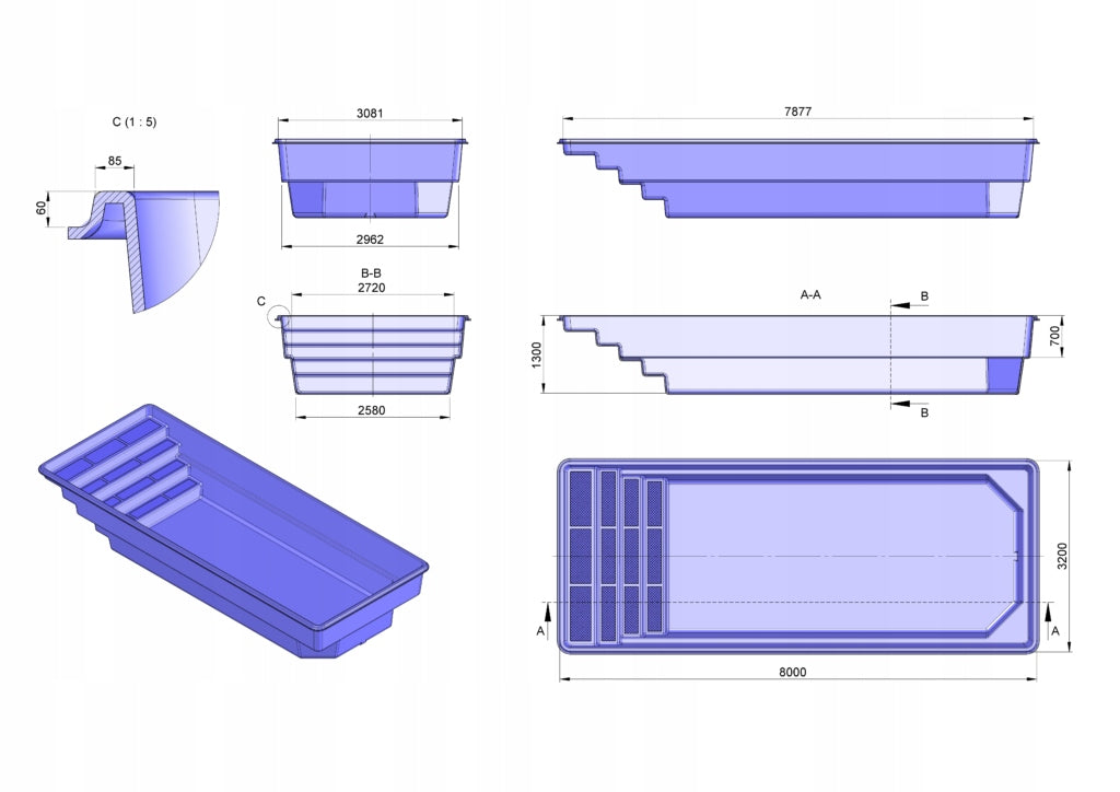 Garden pool dug in 8,00x3,20x1,30 set MANUFACTURER Series Poliestrowy wkopywany ogrodowy