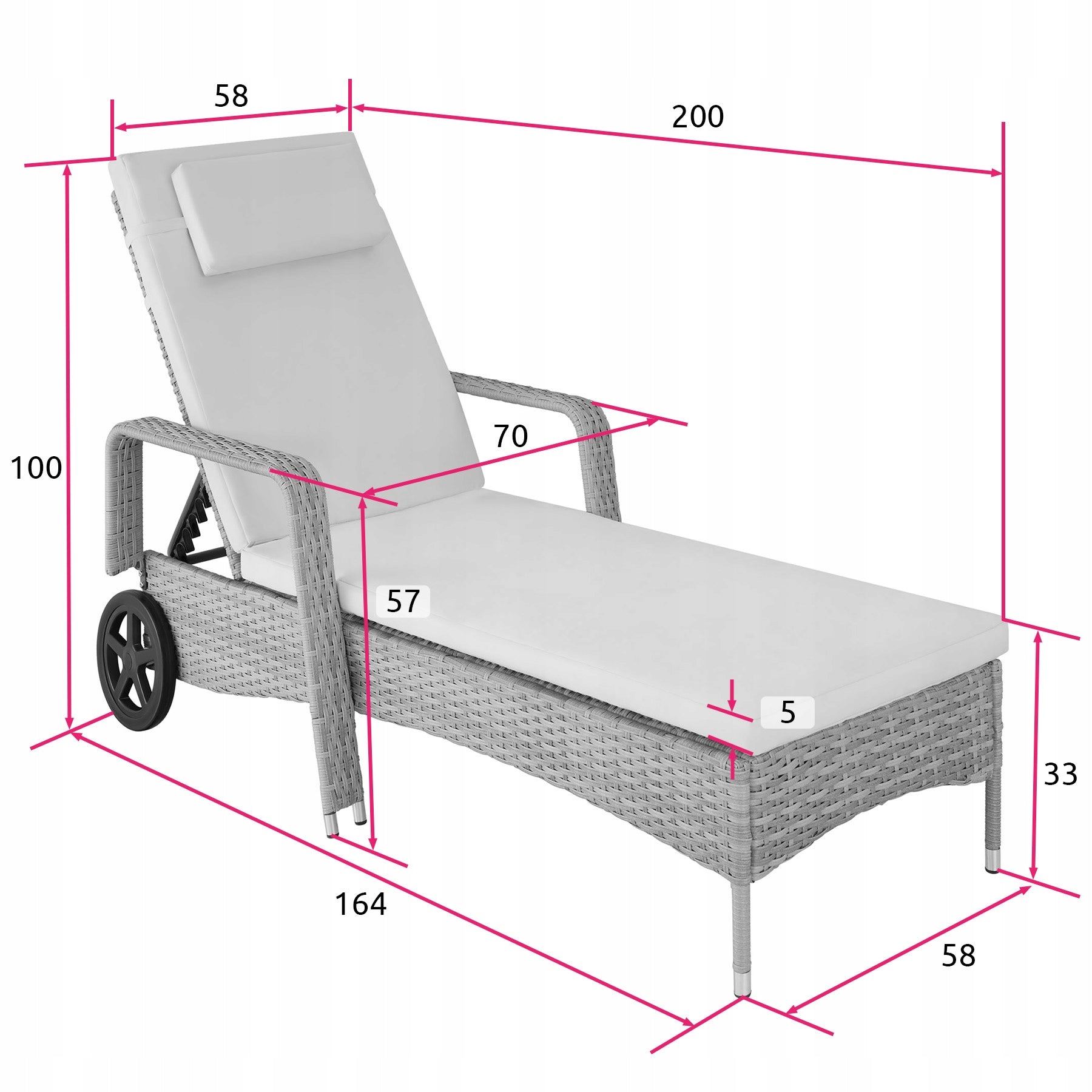 Garden sun lounger on wheels, rattan Color gray