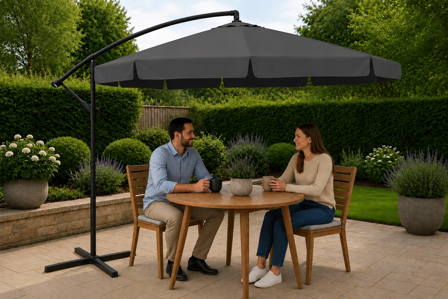 Garden umbrella LARGE folding boom with frill 350cm 8 segments GREY Diameter/width 350 cm