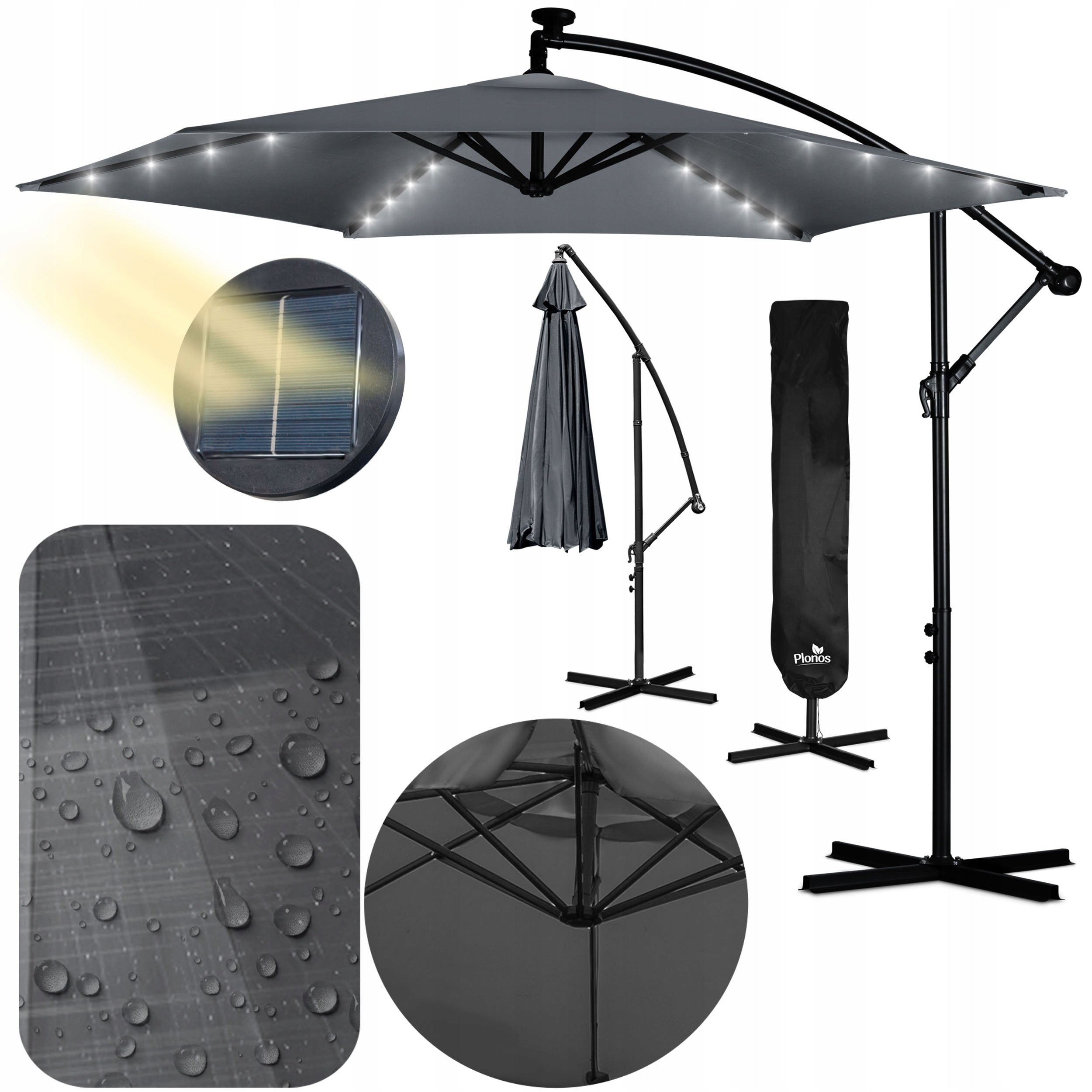 Garden umbrella large folding with boom cover LED lamp Ø 300cm
