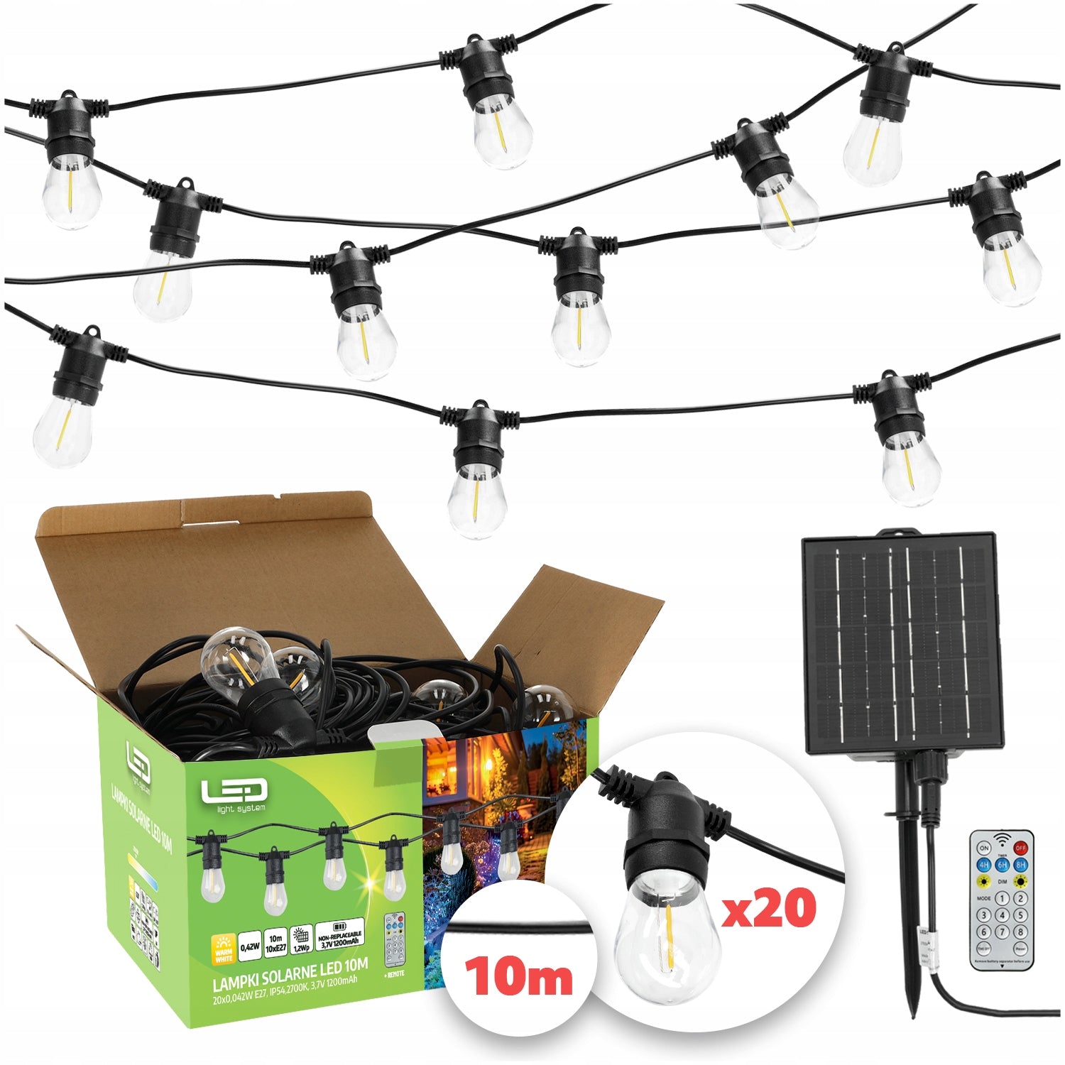 Garland Solar LED Outdoor Balcony Lights Sensor 20m 20x Bulb E27