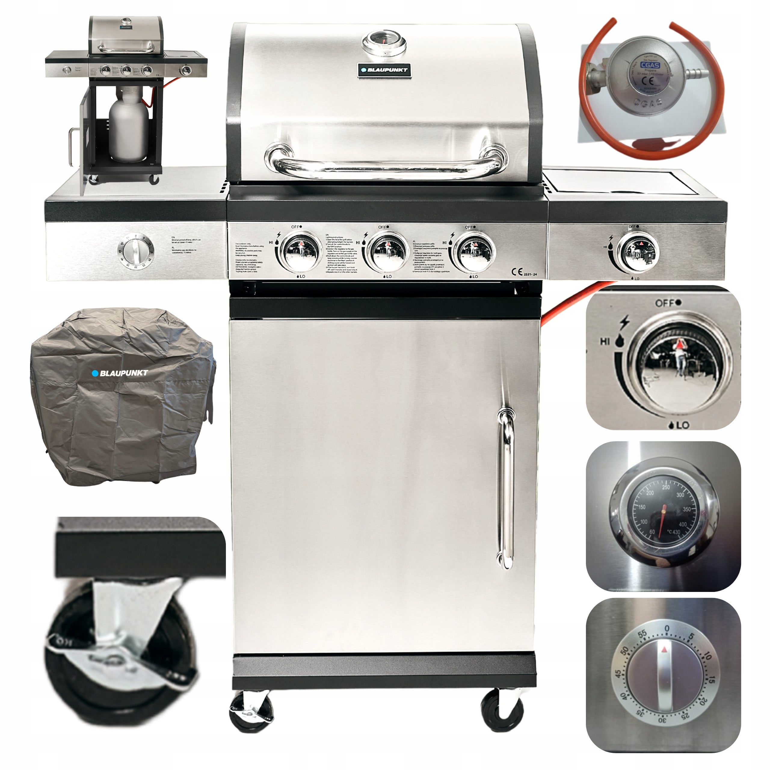 Gas Grill Burners 3+1 Cast Iron Grate 9,3 kW Cover Blaupunkt GG301