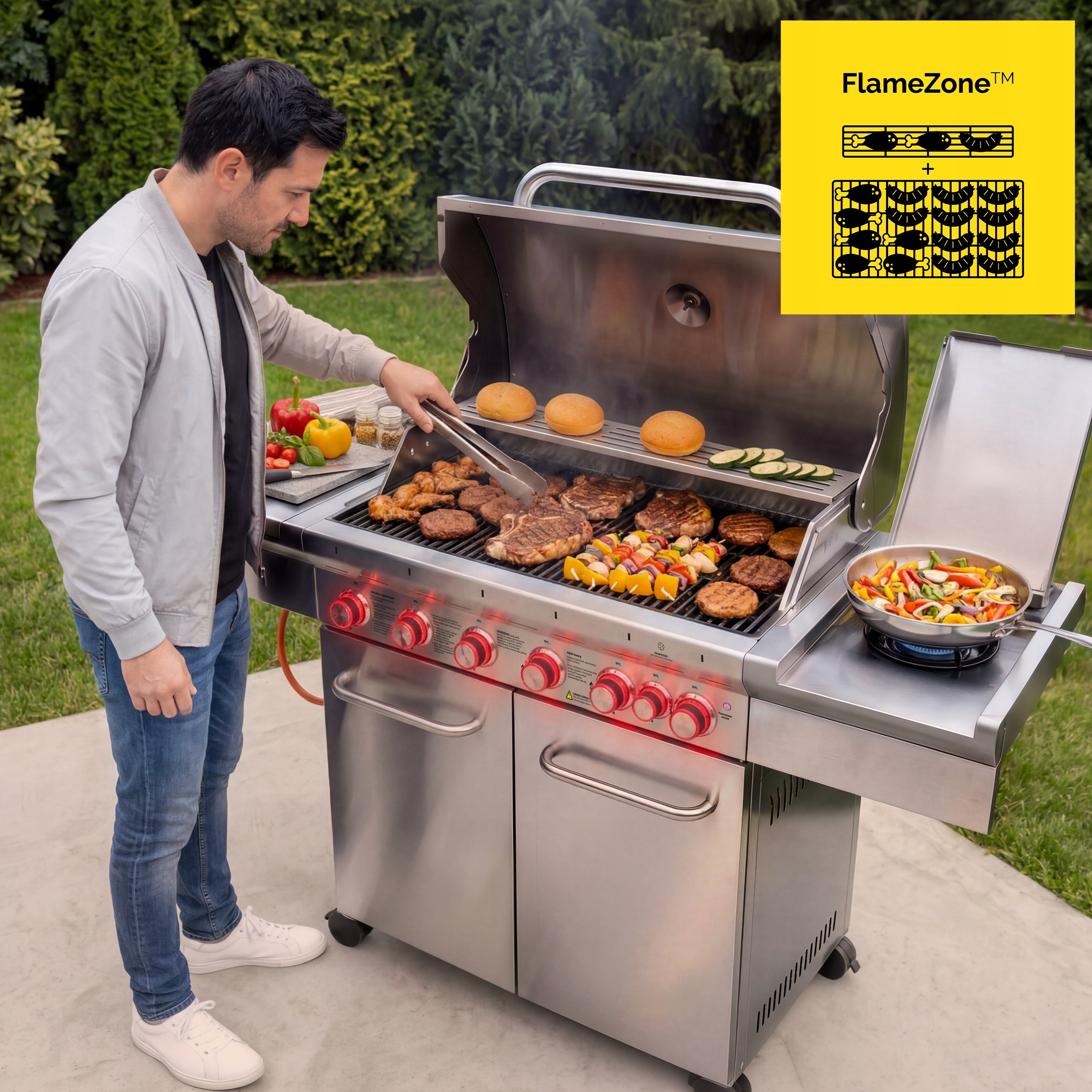 Gas Grill Garden CAST IRON Stainless Steel 6+1 Yoer 22,05 kW + Cylinder Cabinet Grill depth 54.5 cm