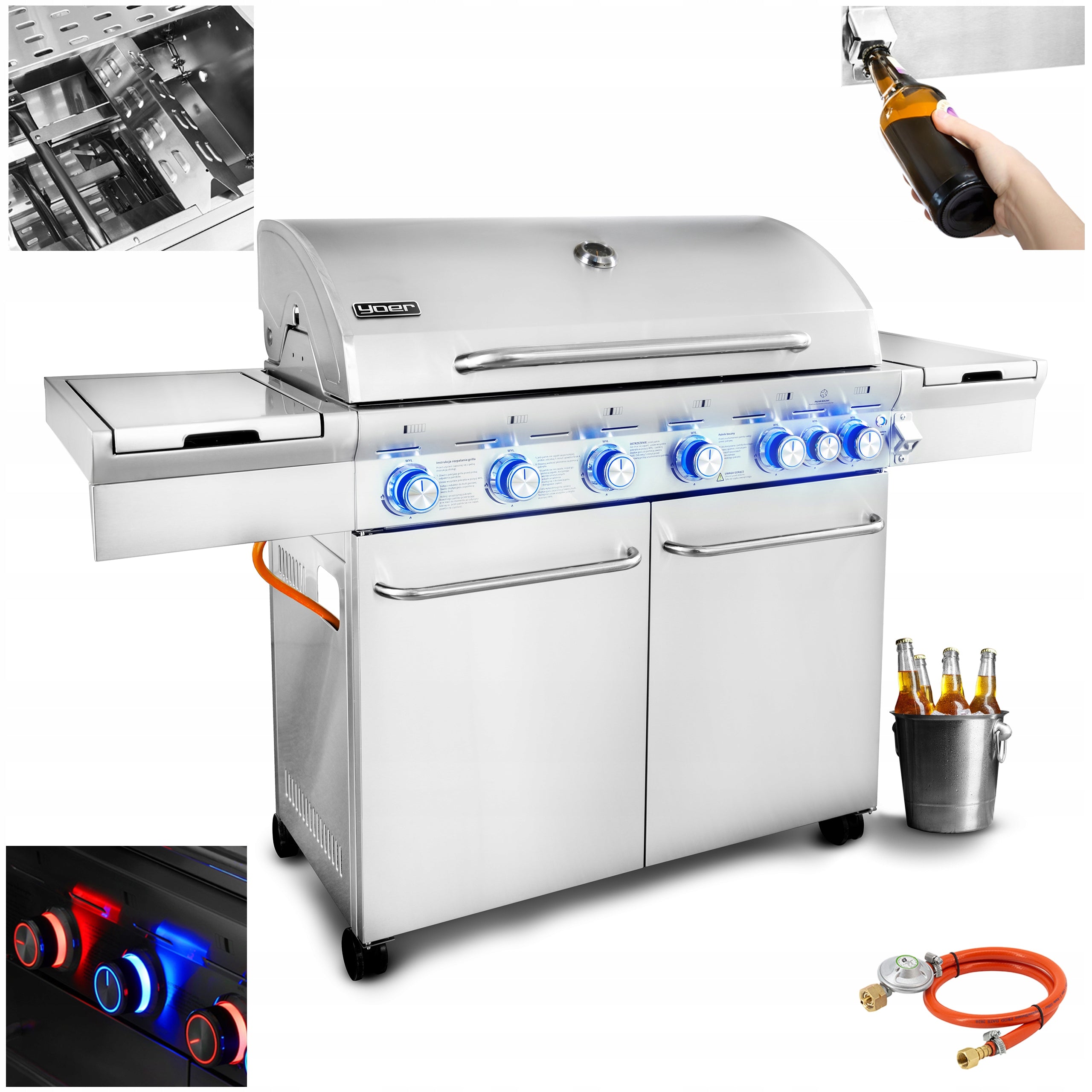 Gas Grill Garden CAST IRON Stainless Steel 6+1 Yoer 22,05 kW + Cylinder Cabinet