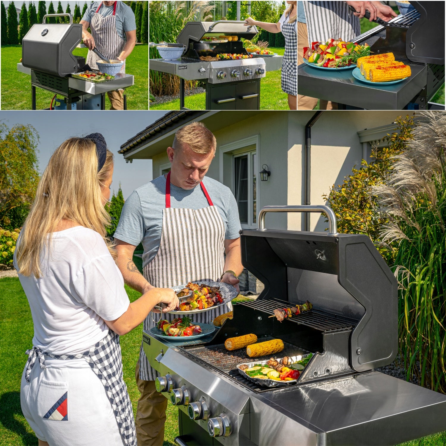 Gas Grill Garden Cast Iron Grate 12kW 4 Burners 4 Wheels Stainless DEDRA Grill width 133.5 cm