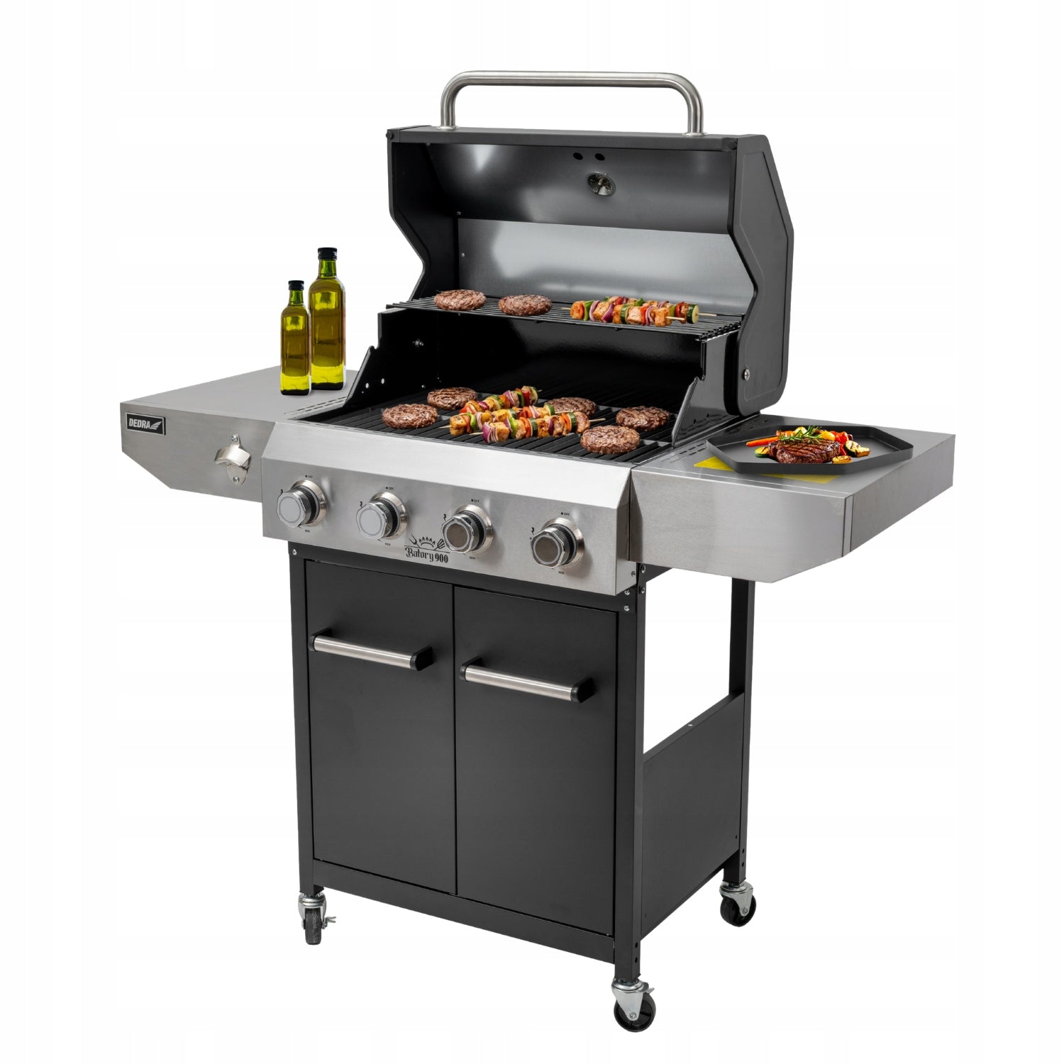 Gas Grill Garden Cast Iron Grate 12kW 4 Burners 4 Wheels Stainless DEDRA Manufacturer code Grill gazowy Batory 900 z reduktorem i wężem