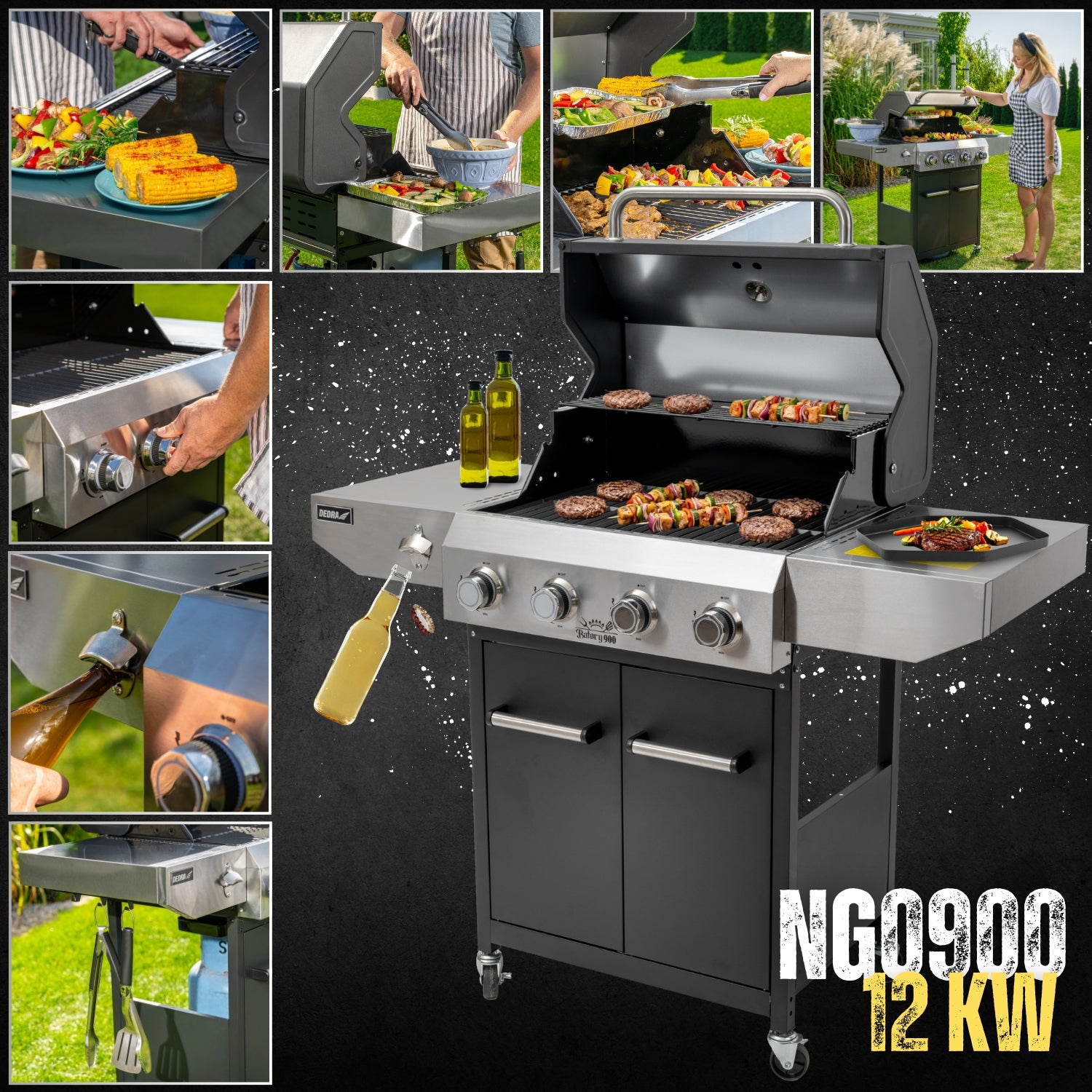 Gas Grill Garden Cast Iron Grate 12kW 4 Burners 4 Wheels Stainless DEDRA Number of burners 4