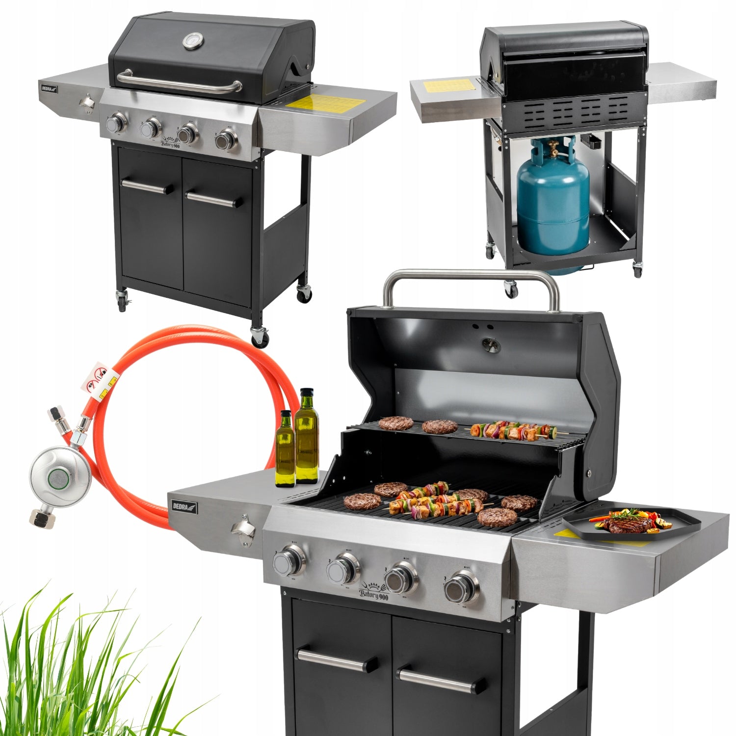 Gas Grill Garden Cast Iron Grate 12kW 4 Burners 4 Wheels Stainless DEDRA