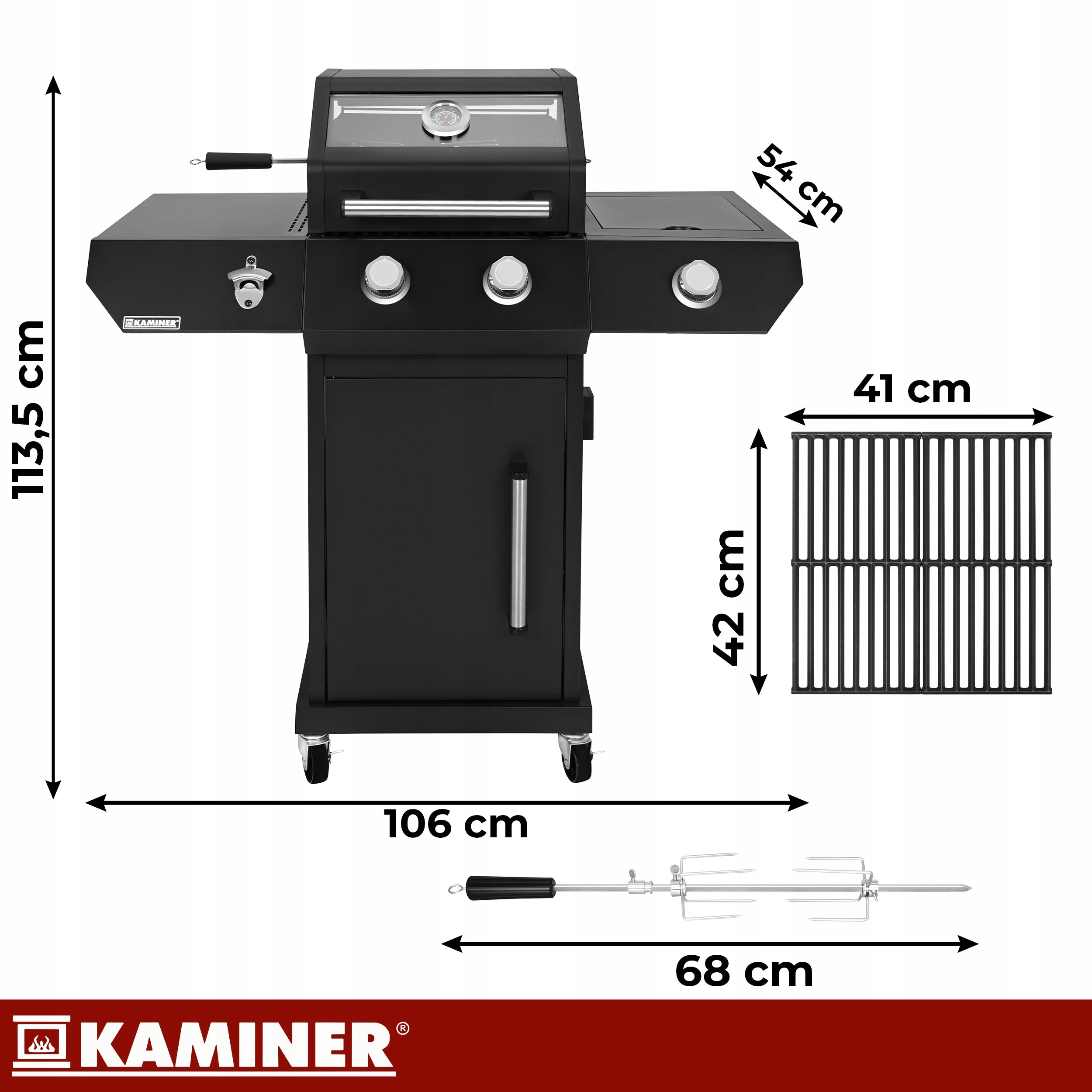 Gas Grill Garden Cast Iron Grate 2+1 10kW Stainless + Cylinder Cabinet Grill width 106 cm