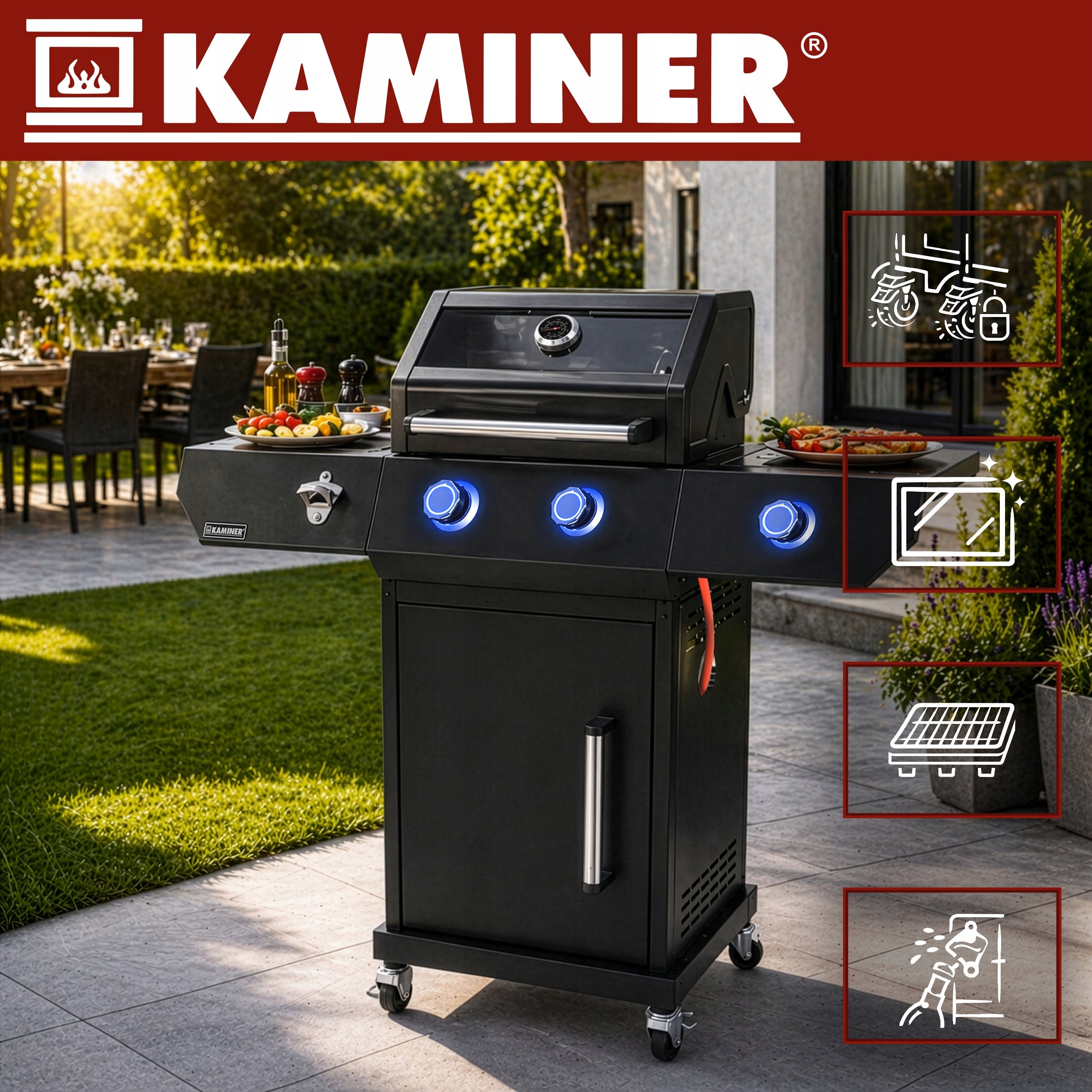 Gas Grill Garden Cast Iron Grate 2+1 10kW Stainless + Cylinder Cabinet Number of burners 3