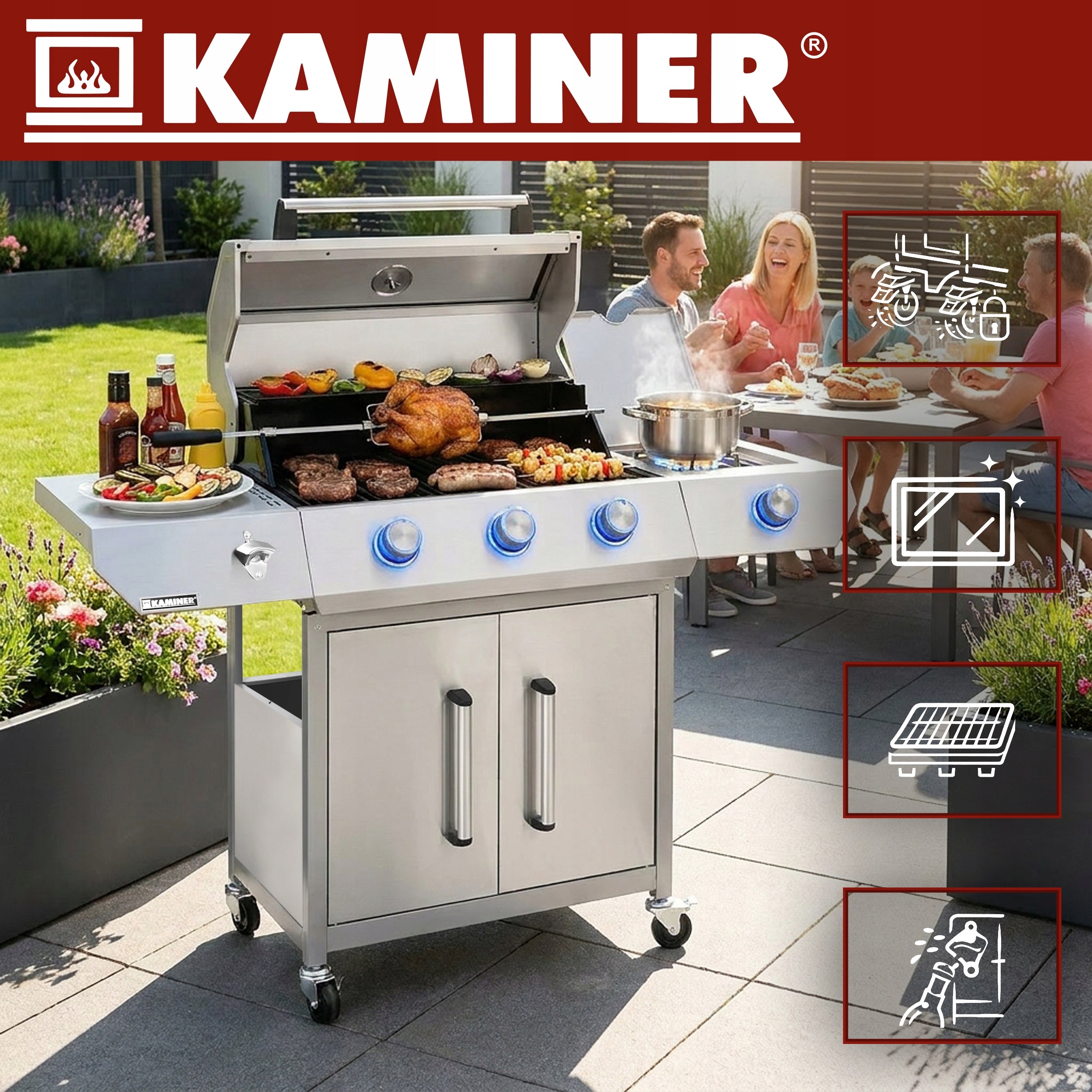 Gas Grill Garden Cast Iron Grate 3+1 13,5kW Stainless + Cylinder Cabinet Grill depth 54 cm