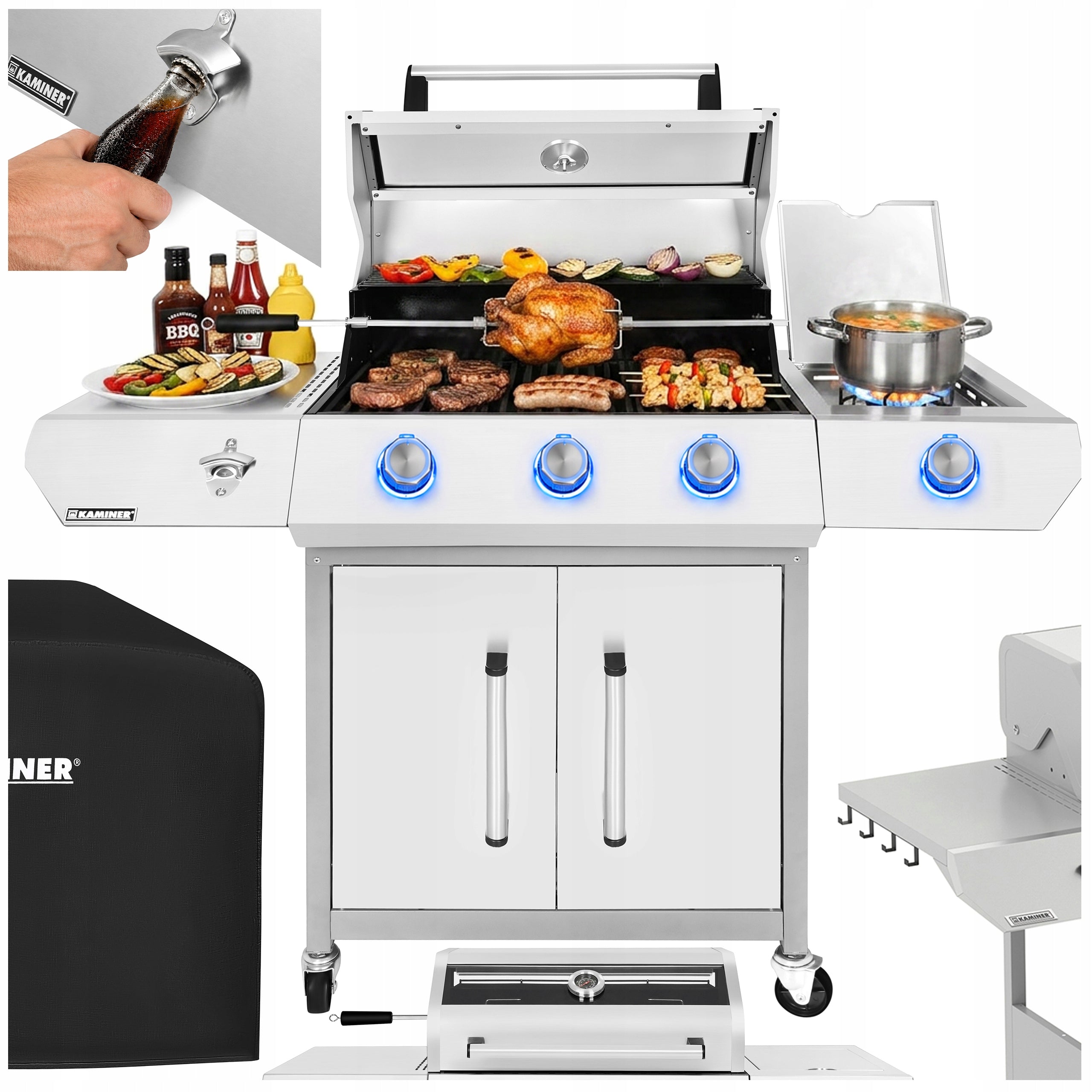 Gas Grill Garden Cast Iron Grate 3+1 13,5kW Stainless + Cylinder Cabinet