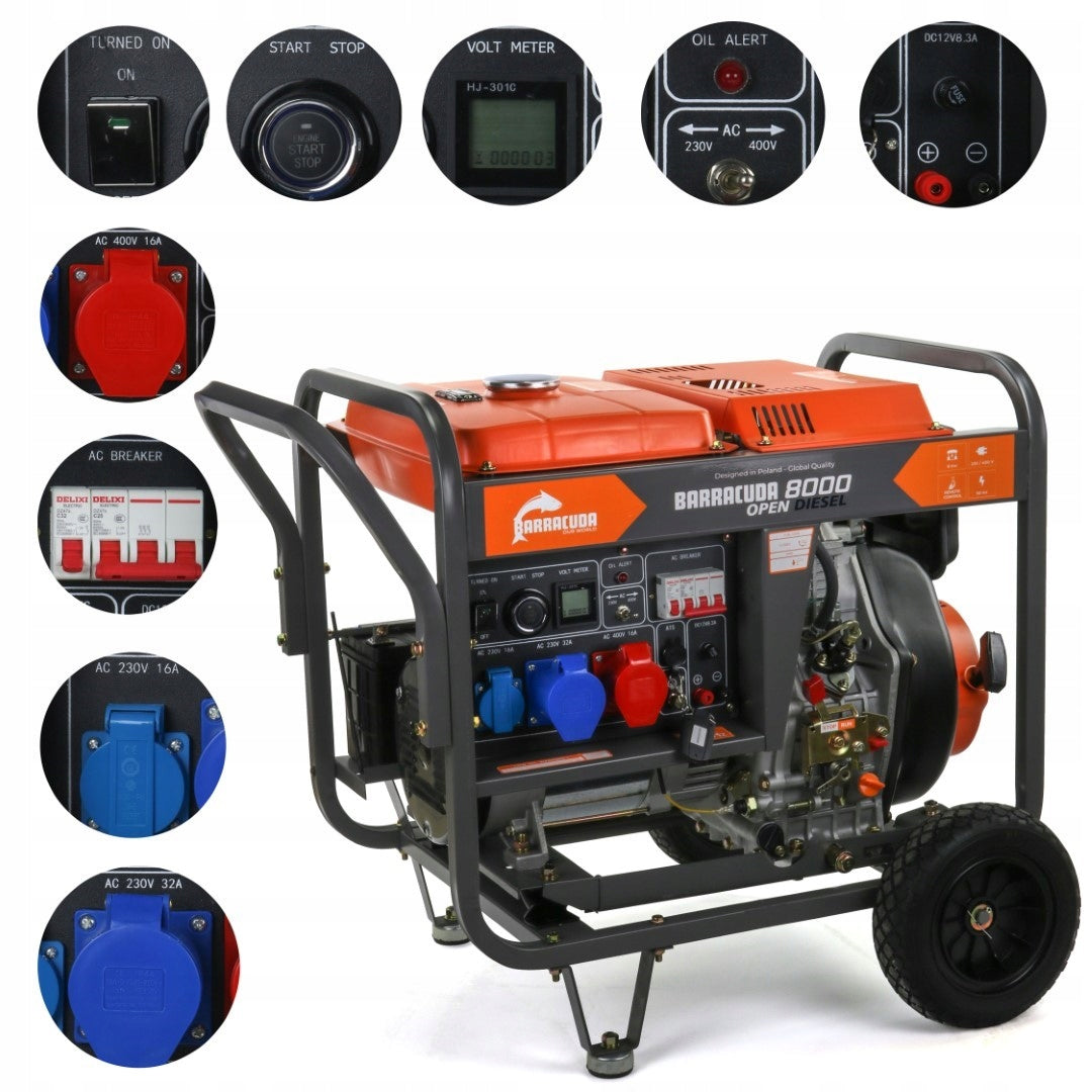 Generator set 10 kVA (8 kW) 230V 400V BARRACUDA DIESEL 8000 OPEN AVR