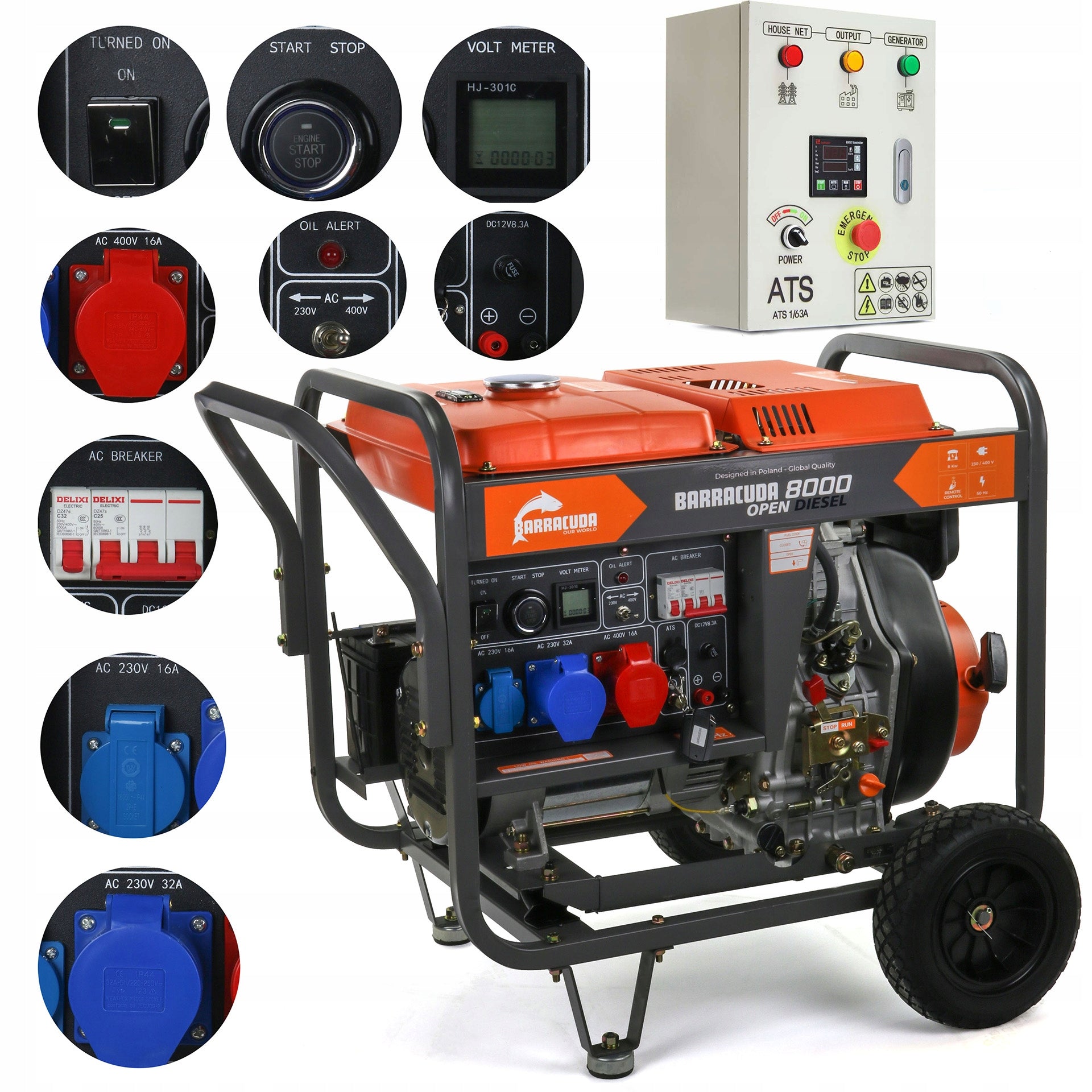 Generator set 10kVA (8 kW) 230V 400V BARRACUDA DIESEL 8000 OPEN +ATS