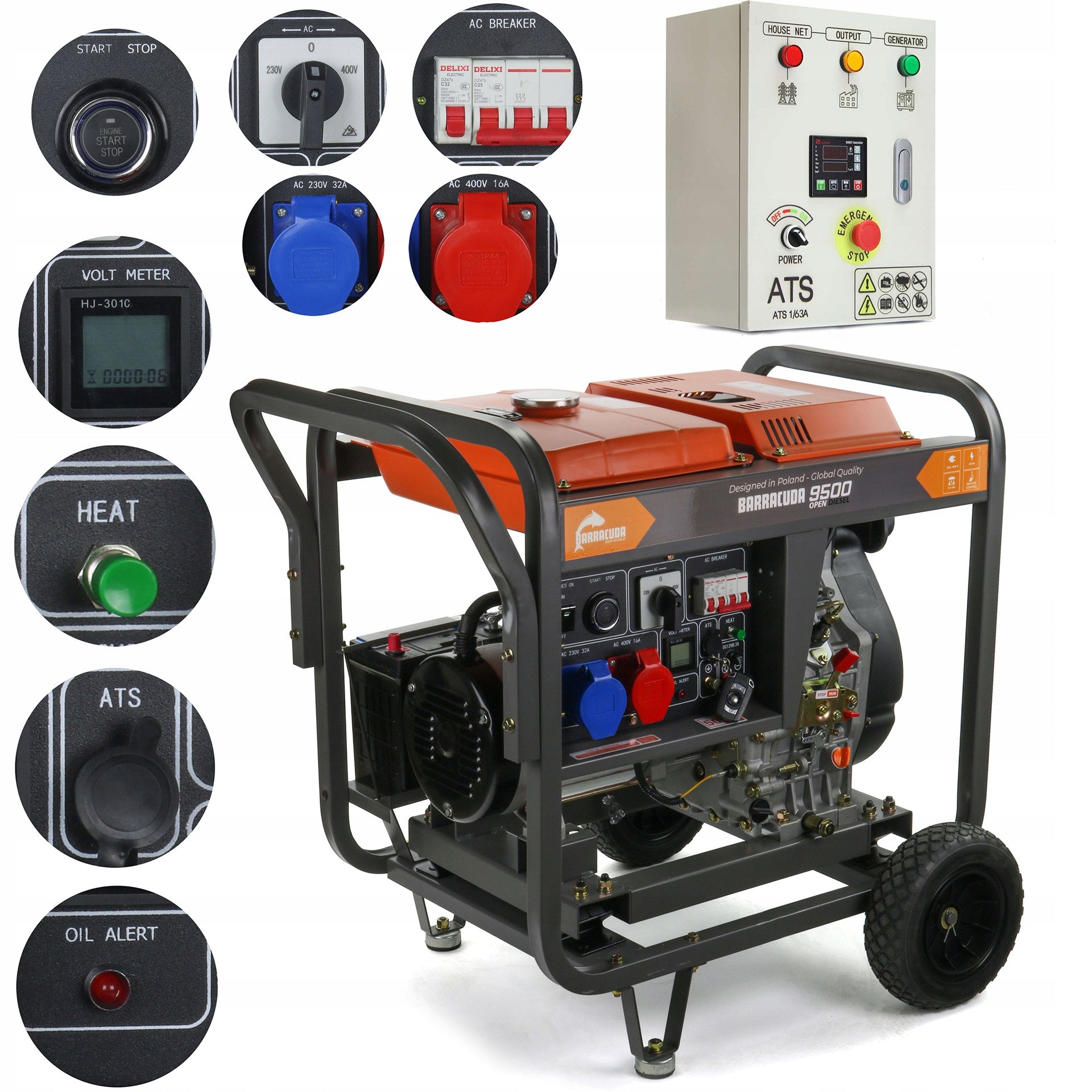 Generator set 12kVA (9,5kW) 230V 400V BARRACUDA DIESEL 9500 OPEN ATS