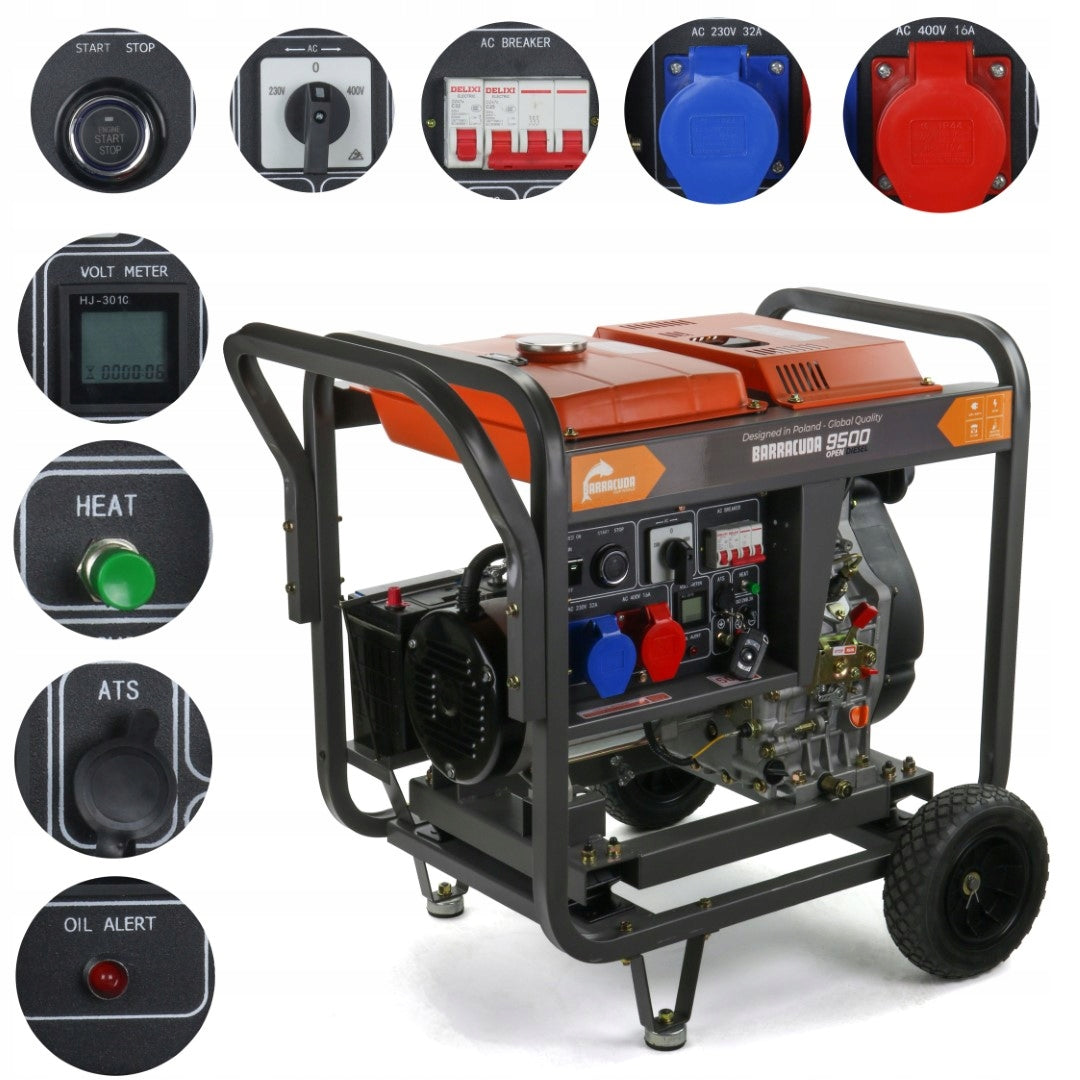 Generator set 12kVA (9,5kW) 230V 400V BARRACUDA DIESEL 9500 OPEN AVR