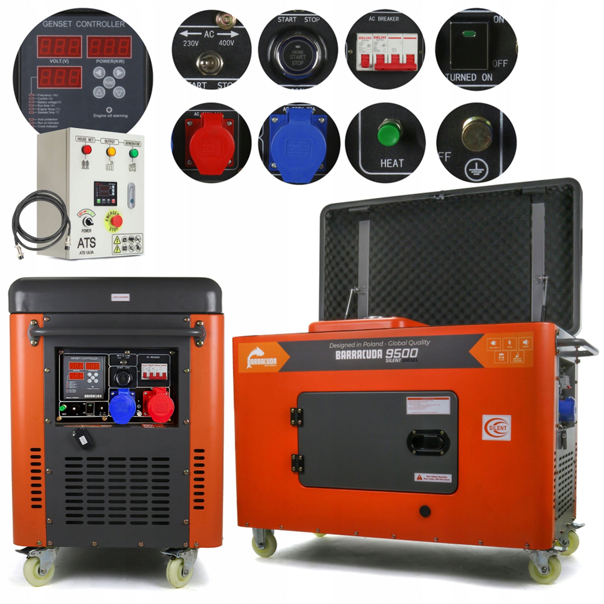 Generator set 12kVA 9,5kW 230V 400V BARRACUDA DIESEL 9500 SILENT+ATS