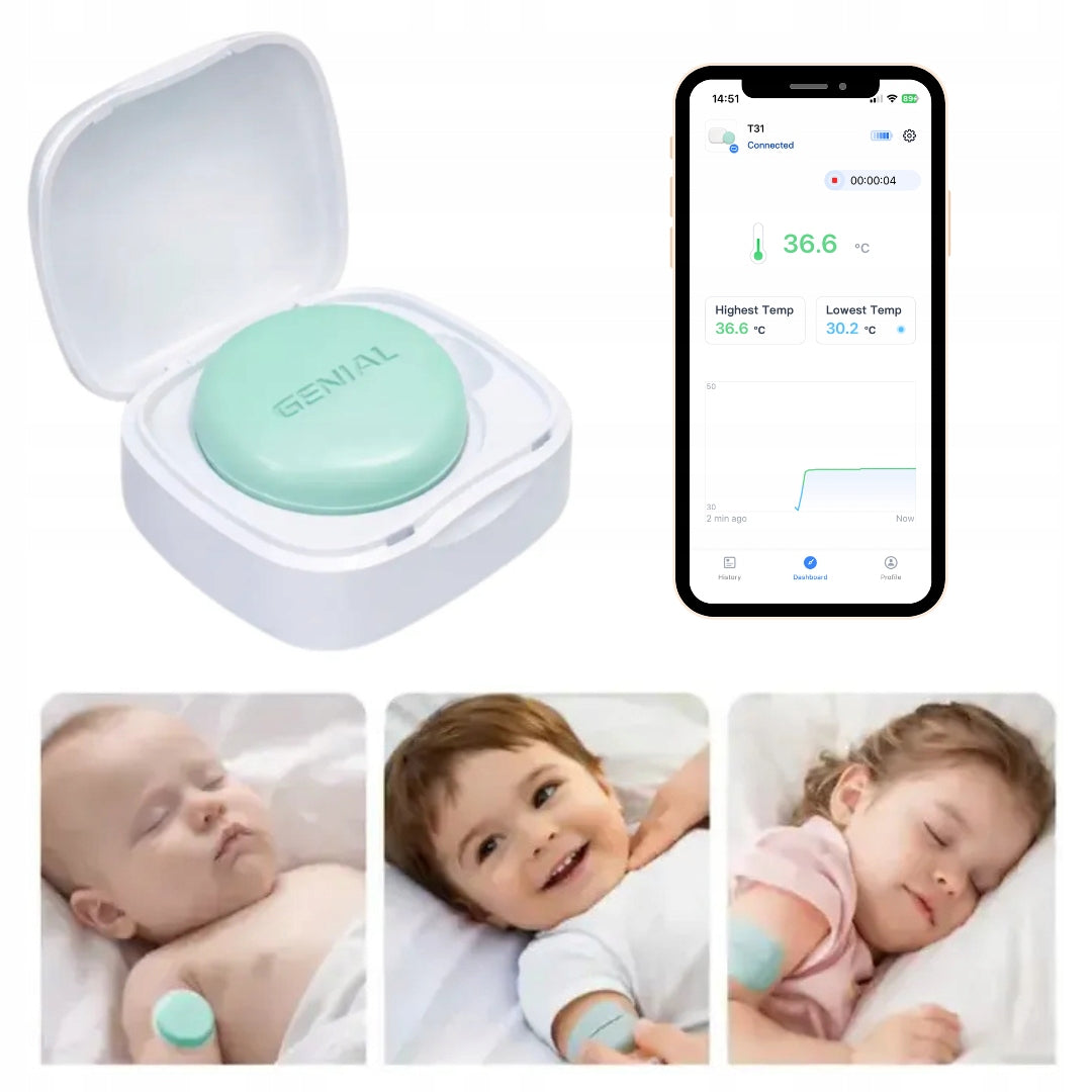Genial Baby Thermometer. Continuous Measurement, App, Fever Alarm, Reports