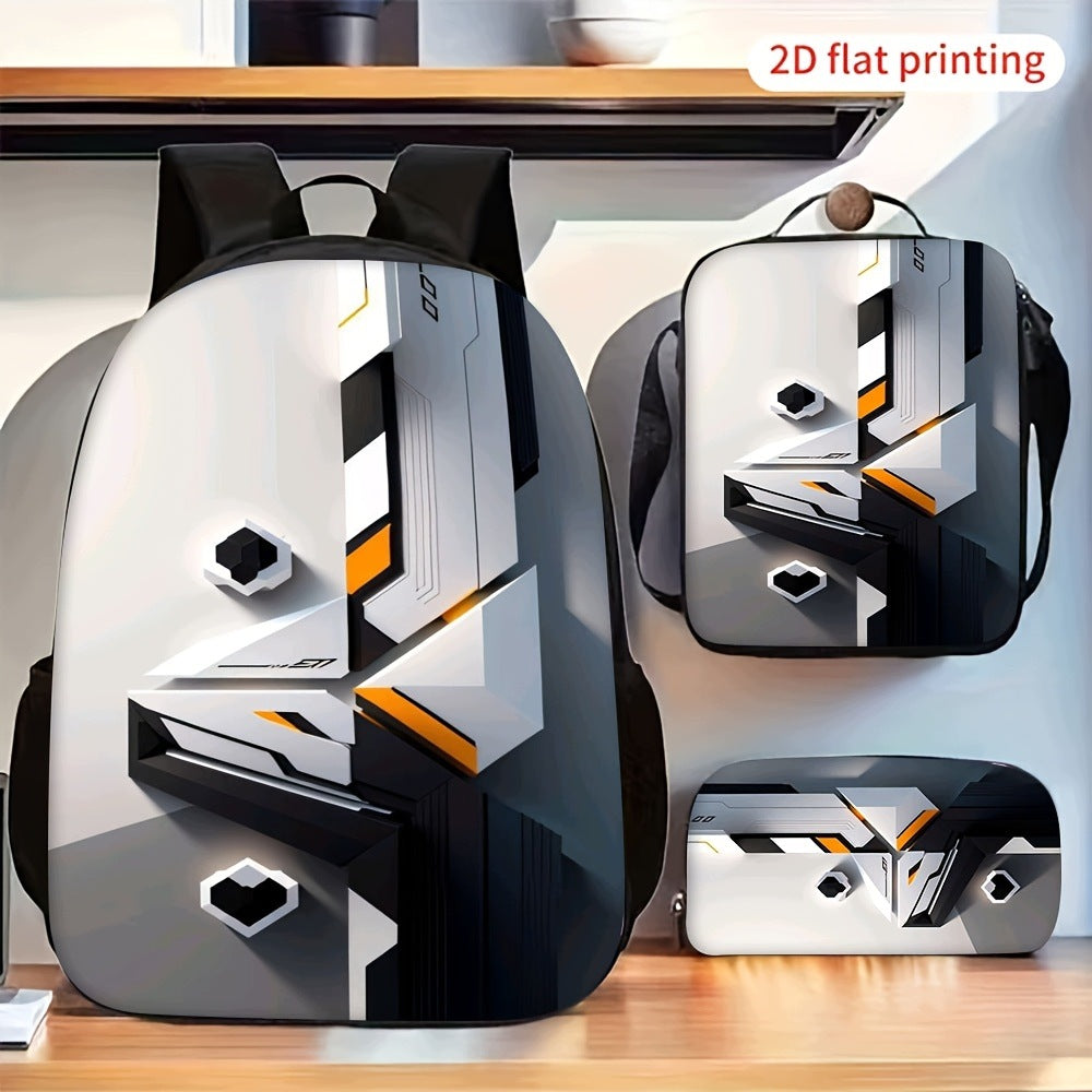 Geometric Mechanical Pattern 2D Flat 3-Piece Backpack Set