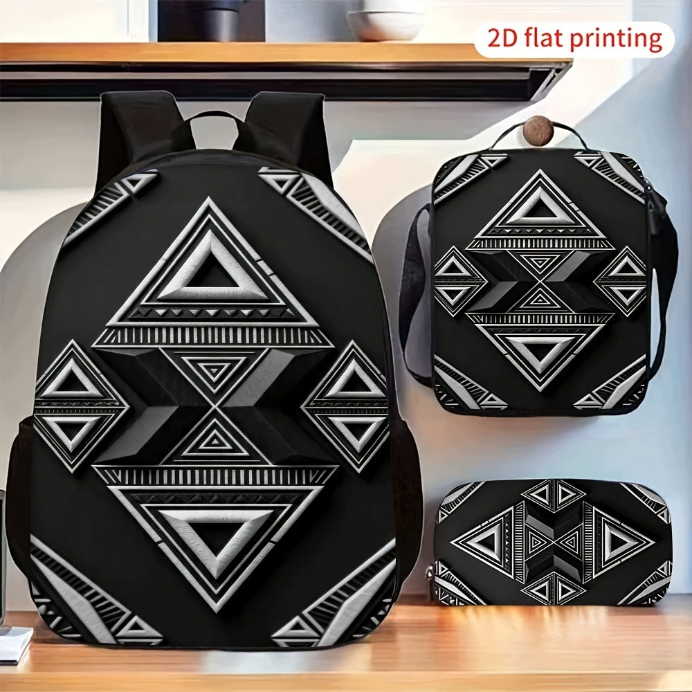 Geometric Triangle Pattern 3-Piece Backpack Set, Lightweight, Zipper Closure