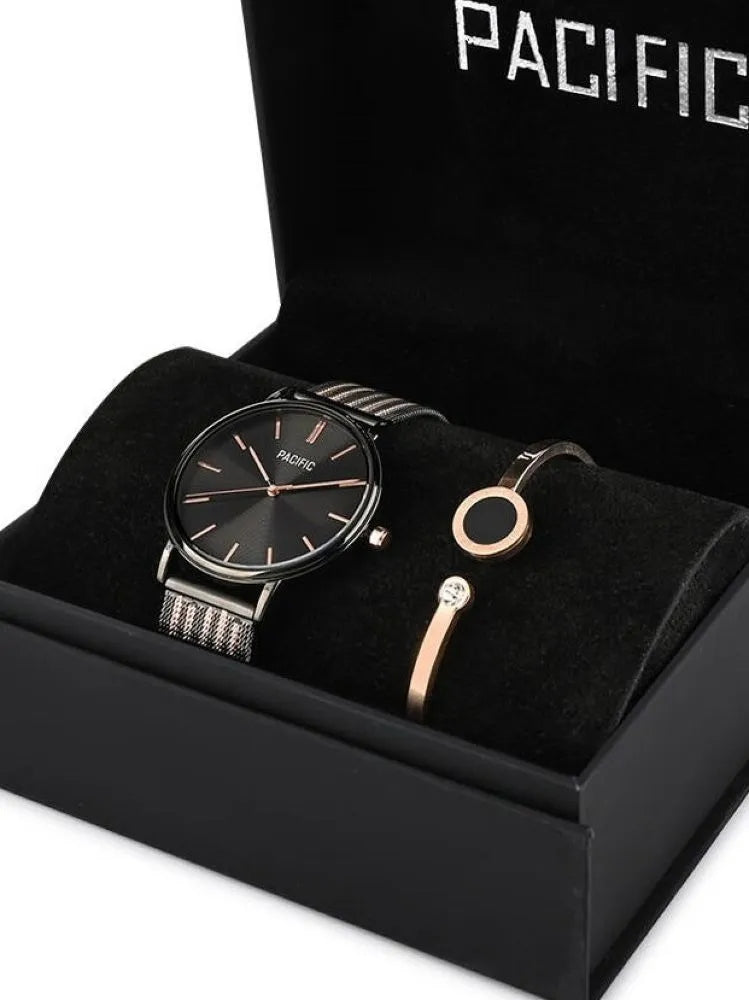 Gift set black and gold women's watch bracelet PACIFIC Brand Pacific