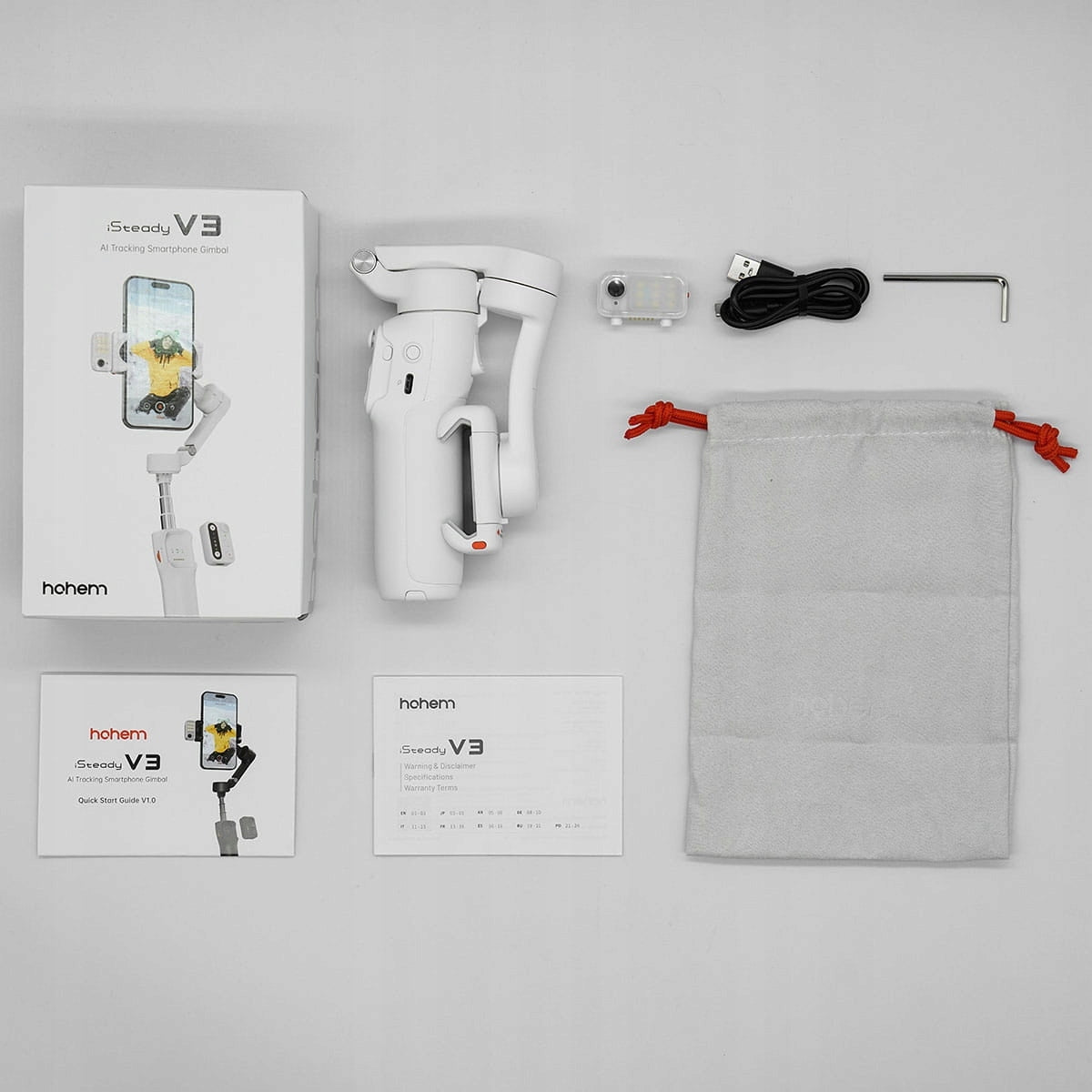 Gimbal 3-axis, boom for phone Hohem iSteady V3 White with LED lamp Manufacturer code ISTEADY V3 WHITE