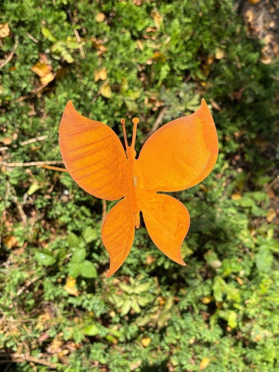 Ginko.Garden | Butterfly 3D on rod metal ornament for garden natural rust Type ornament