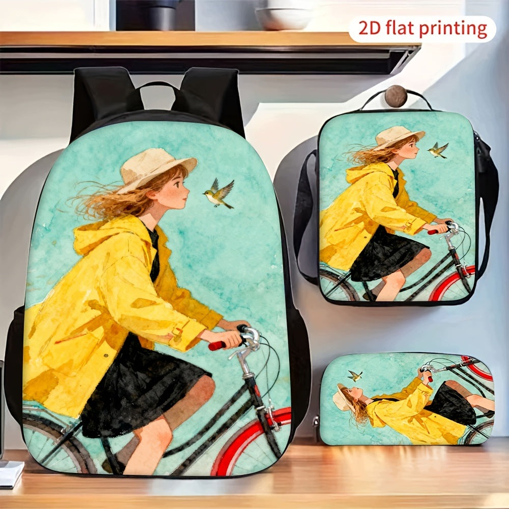 Girl Riding Bicycle Flying Bird 3pc Backpack Set with Crossbody Bag and Pencil Case
