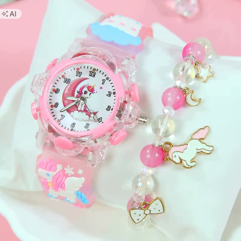 Girls' Watch Set - Quartz LED Unicorn Pony and Bracelet Packaging status original