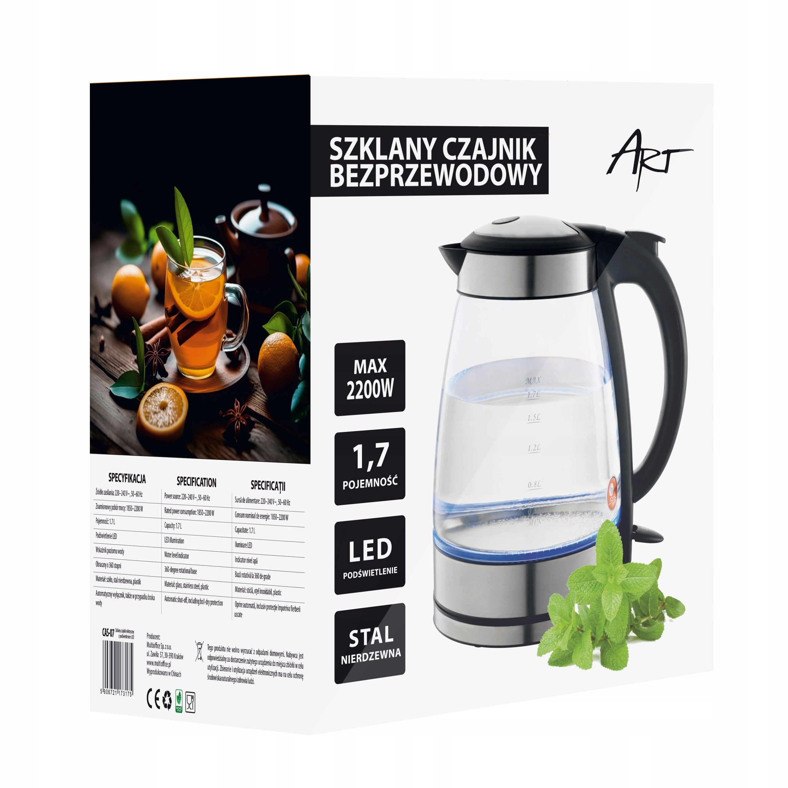 Glass Electric Kettle CAS-07 ART Backlit LED Steel 1,7l Capacity 1.7 l