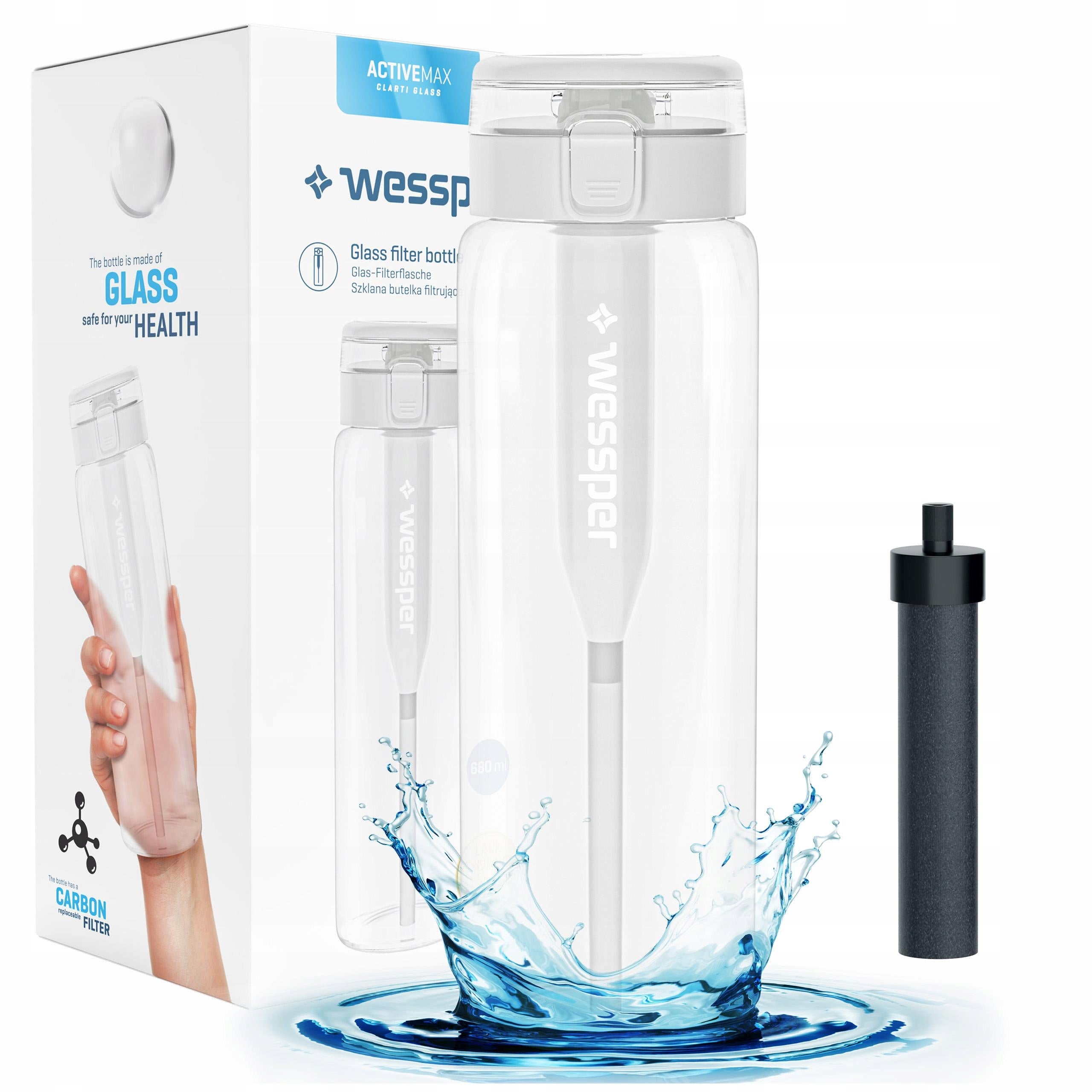 Glass Filter Bottle Wessper ActiveMax 0,68l + 1x Water filter