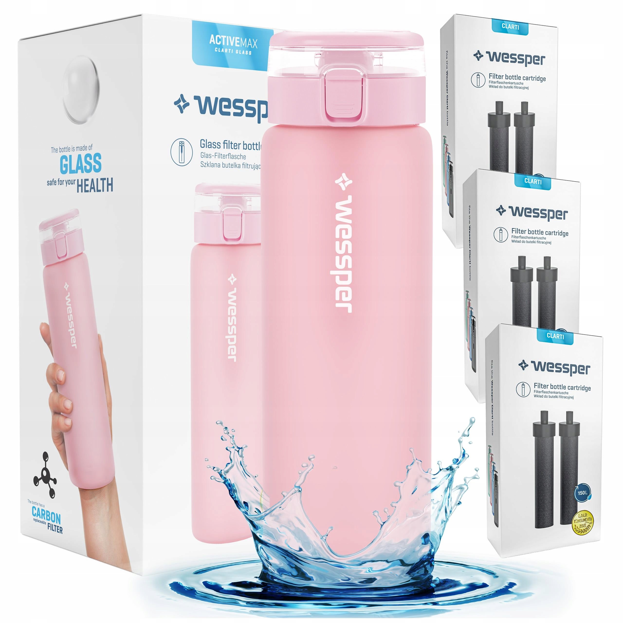 Glass Filter Bottle Wessper ActiveMax 0,68l + 7x Water Filter