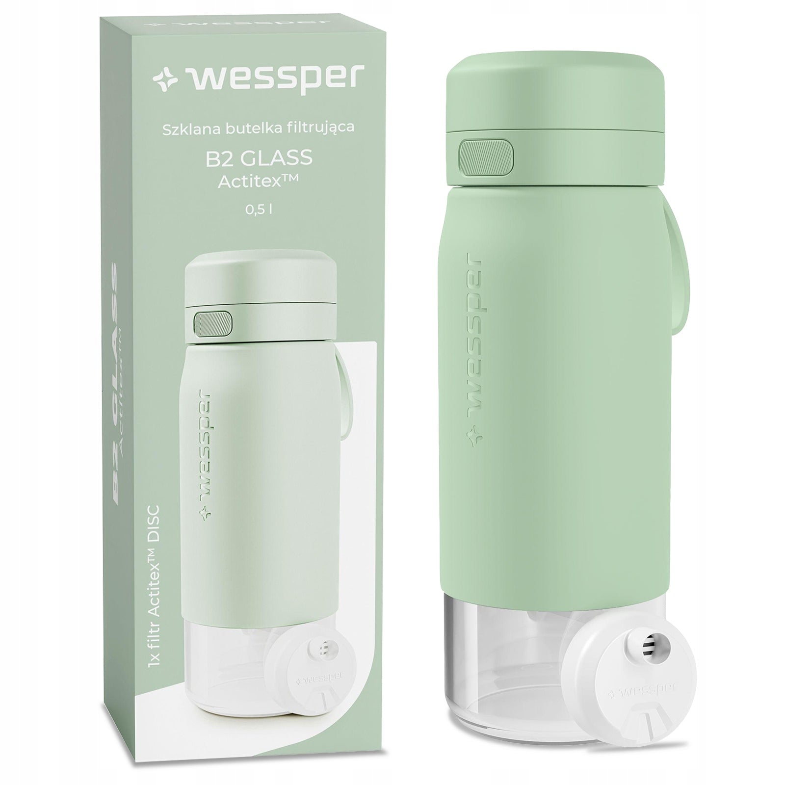 Glass Filter Bottle Wessper B2 Glass 0,5L Mint With Premium Filter Packaging status original