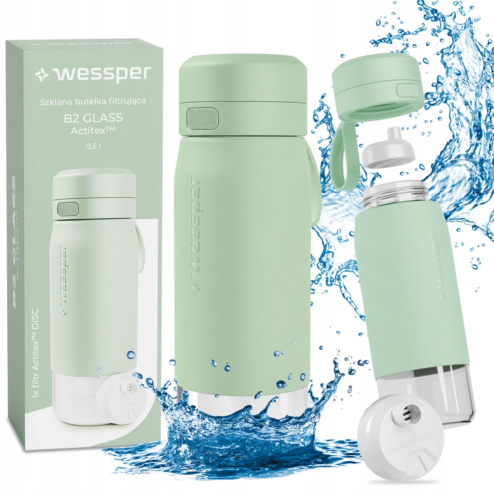 Glass Filter Bottle Wessper B2 Glass 0,5L Mint With Premium Filter