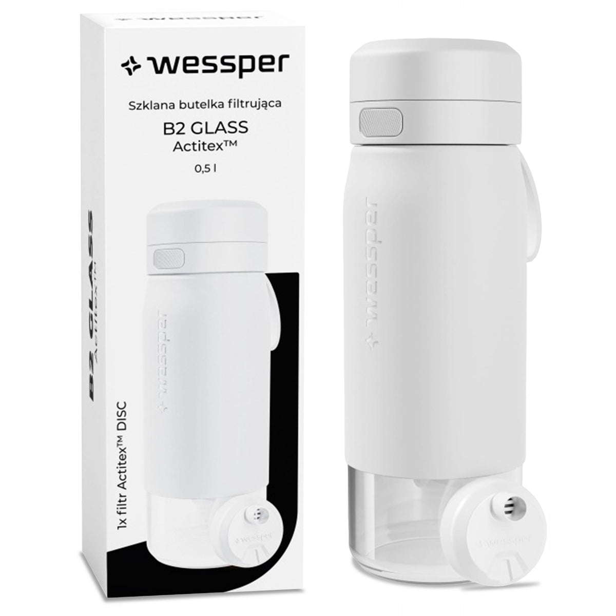 Glass Filter Bottle Wessper B2 Glass 0,5L White with Filter Set Packaging status original