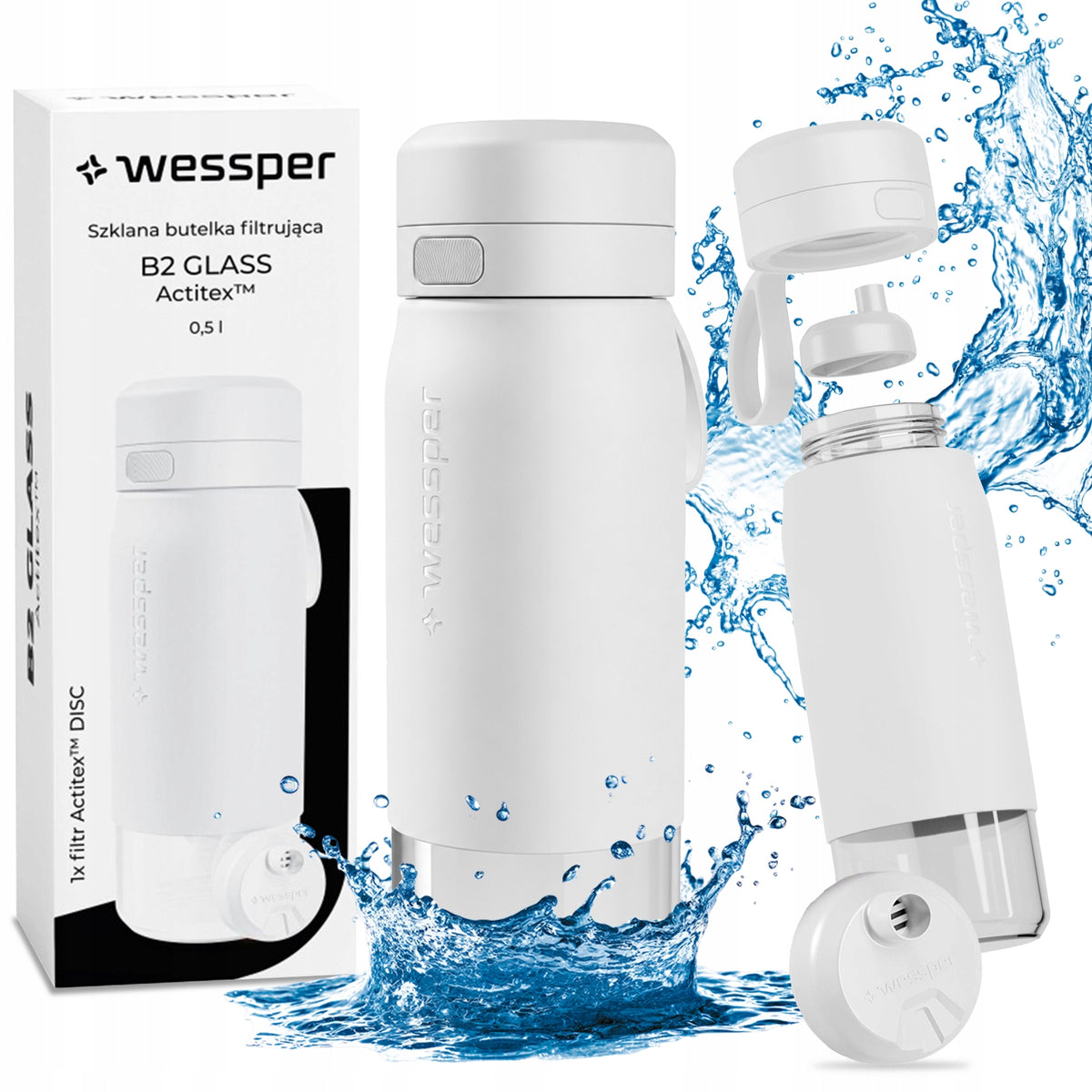 Glass Filter Bottle Wessper B2 Glass 0,5L White with Filter Set