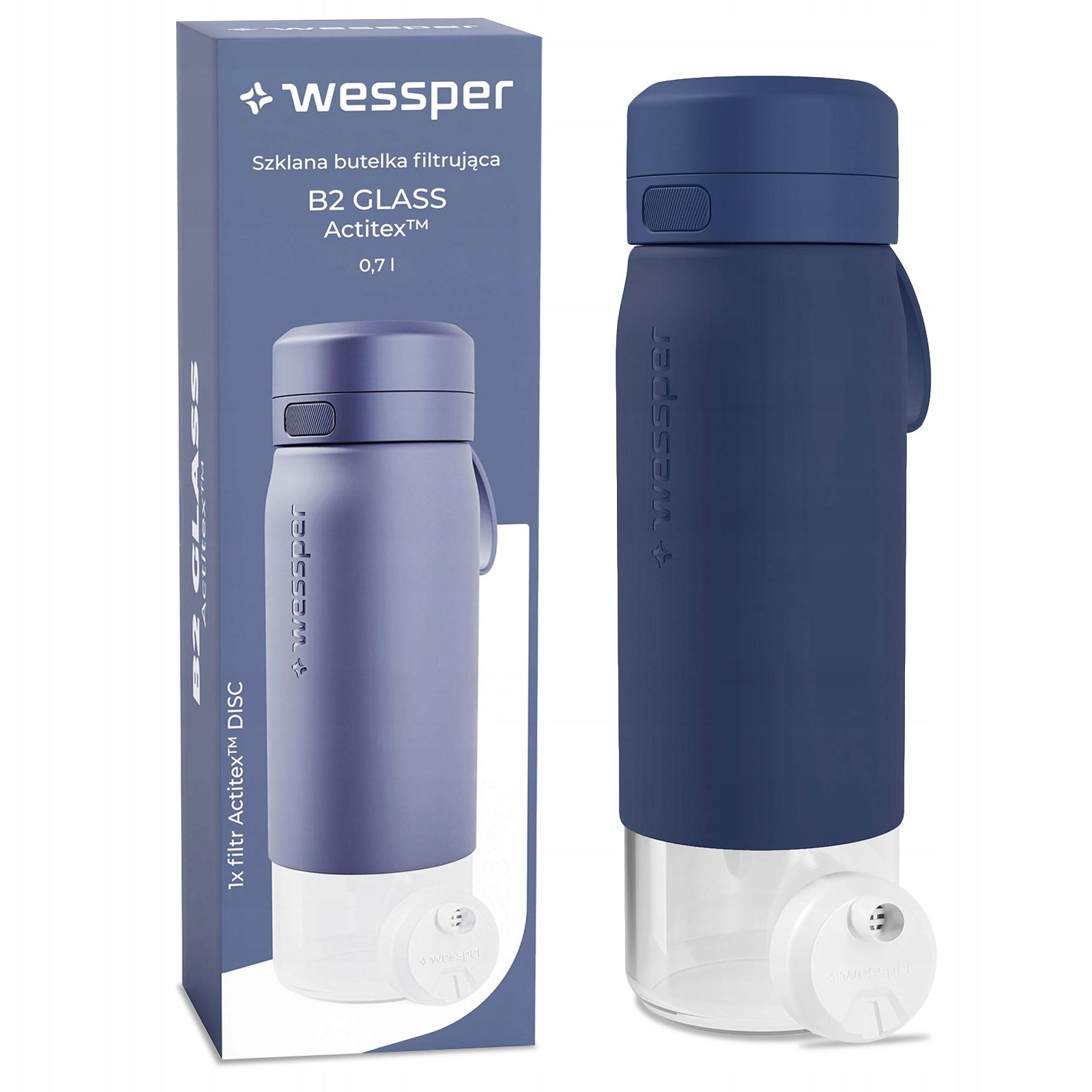 Glass Filter Bottle Wessper B2 Glass 700 ml Blue with filter Packaging status original