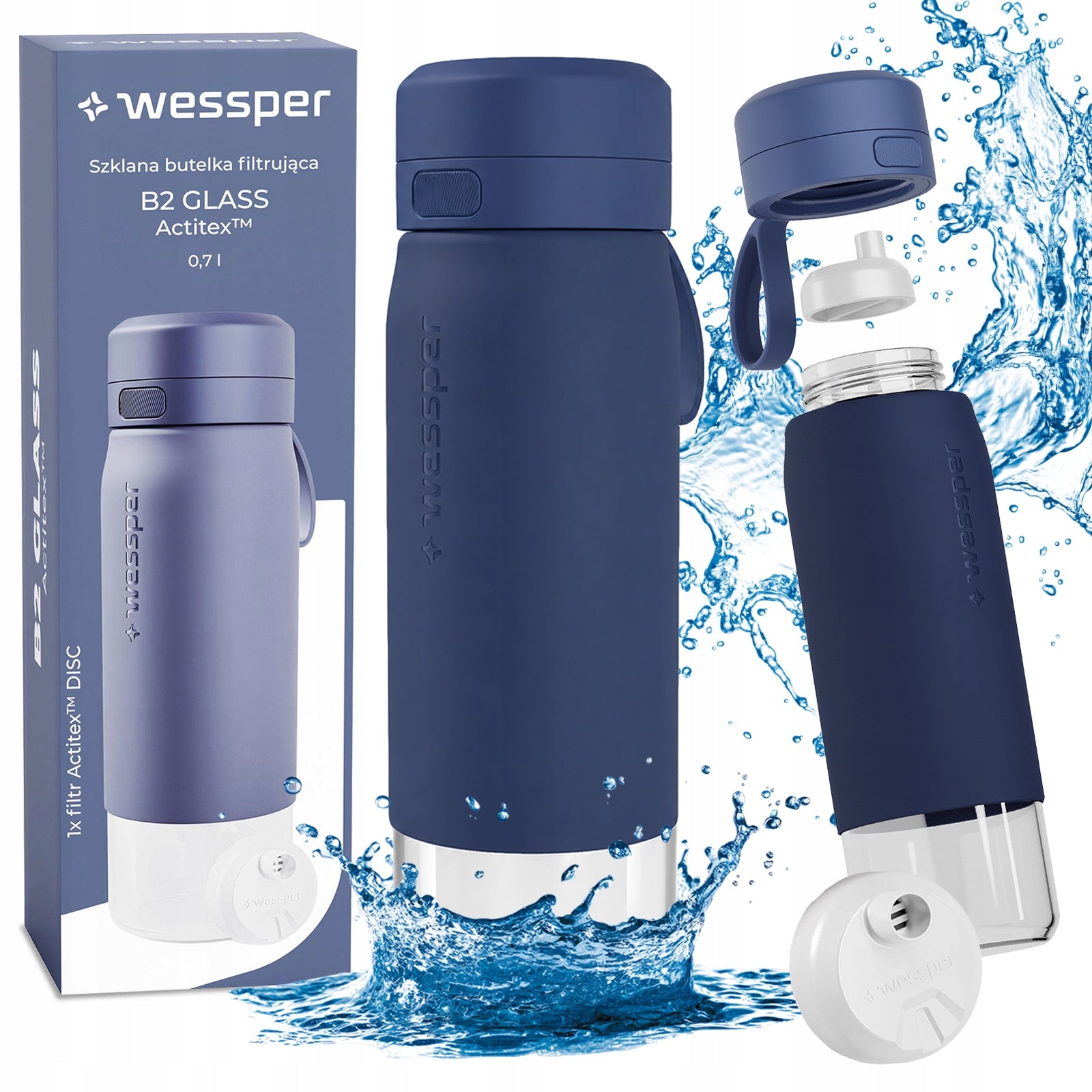Glass Filter Bottle Wessper B2 Glass 700 ml Blue with filter