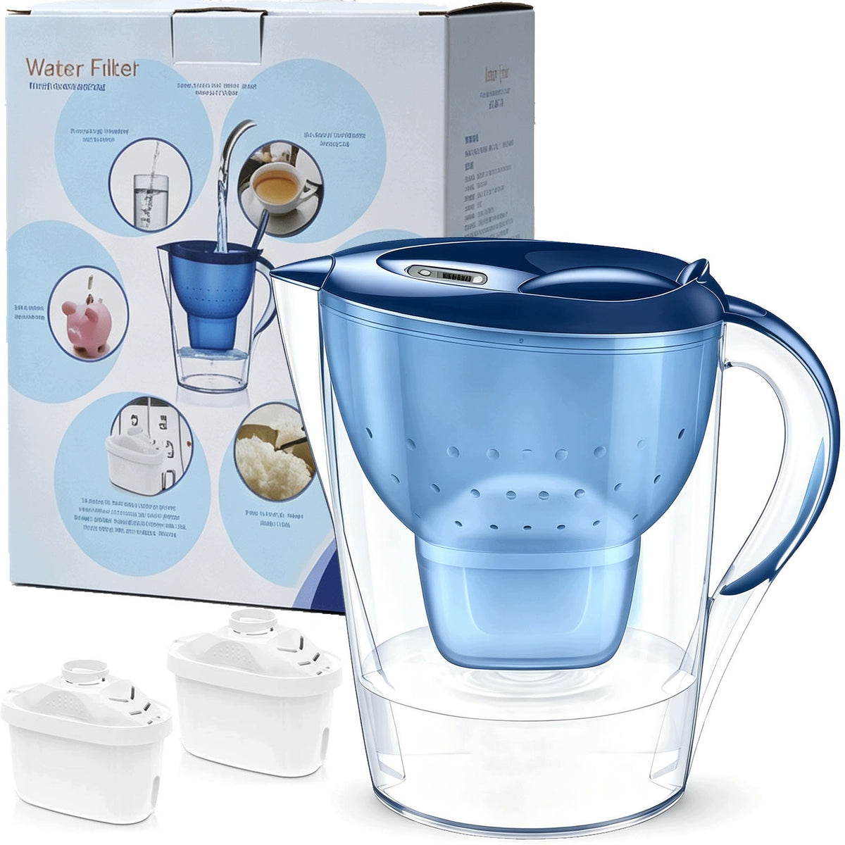 Glass Filter Jug 3,5 L Blue + 2 Cartridges Set BEDEE