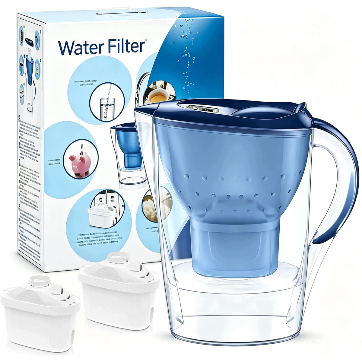 Glass Filter Jug 3,5 L Blue + 2 Filter Cartridge BEDEE