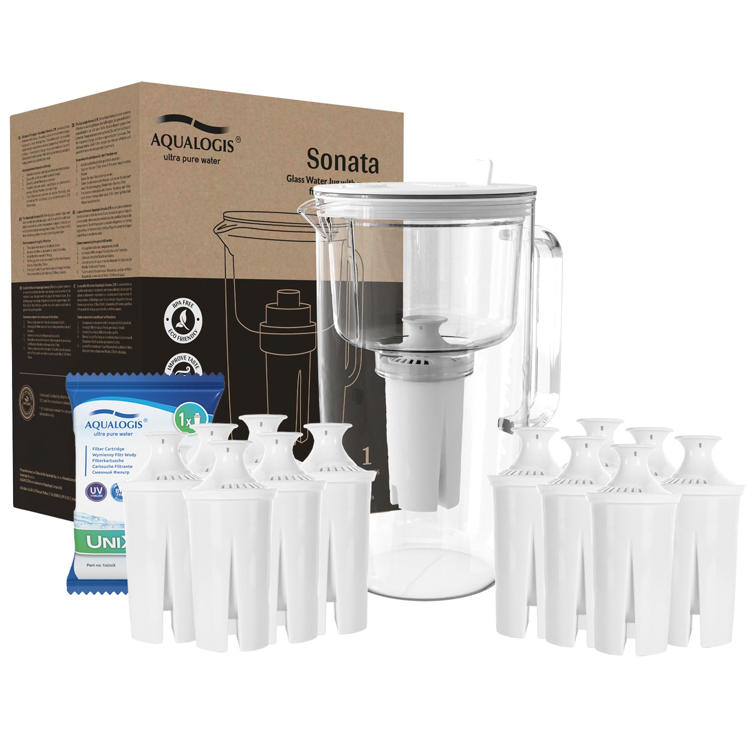 Glass Filter Jug Aqualogis Sonata White + 12 UniX Cartridges